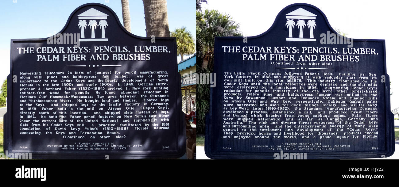 I due lati di un marcatore storico di spiegare l'importanza di cedro rosso e altri alberi a tasti di cedro, piccole isole di barriera in Florida, Stati Uniti d'America. Foto Stock