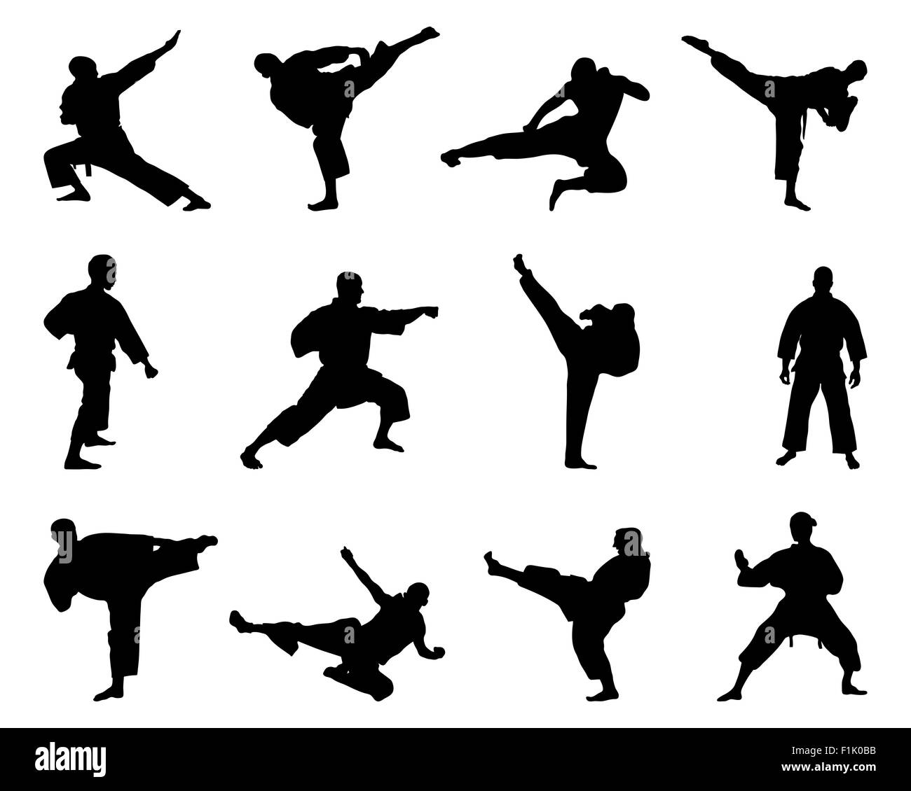 Silhouette nera di karate fighting, vettore Foto Stock