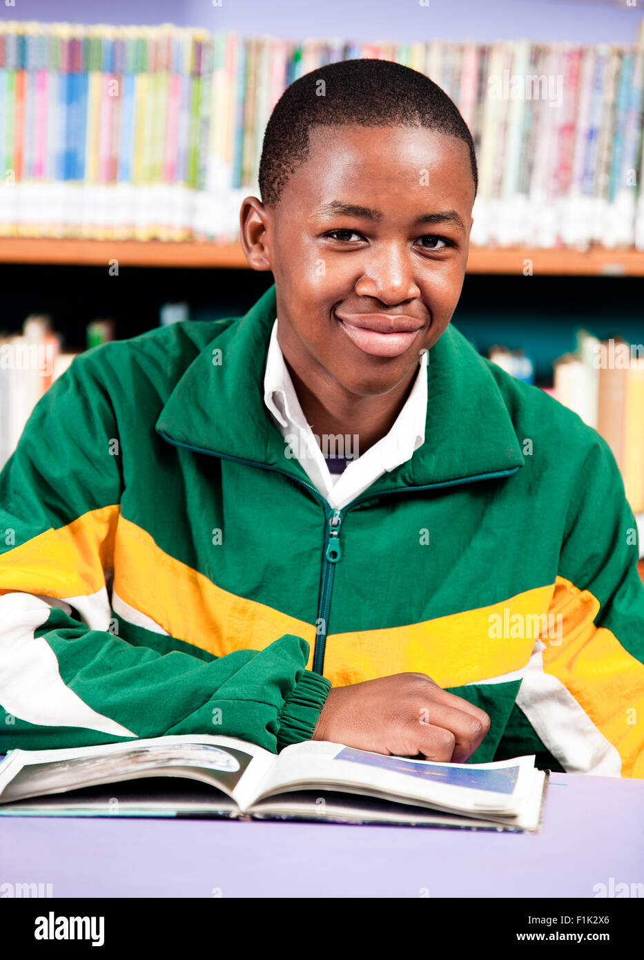 Un giovane uomo seduto alla scrivania con un libro, Meyerton scuola primaria, Meyerton, Gauteng Foto Stock