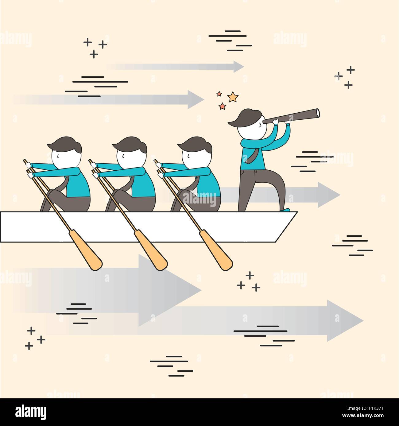 Il lavoro di squadra concetto: imprenditori remare una barca in stile linea Illustrazione Vettoriale