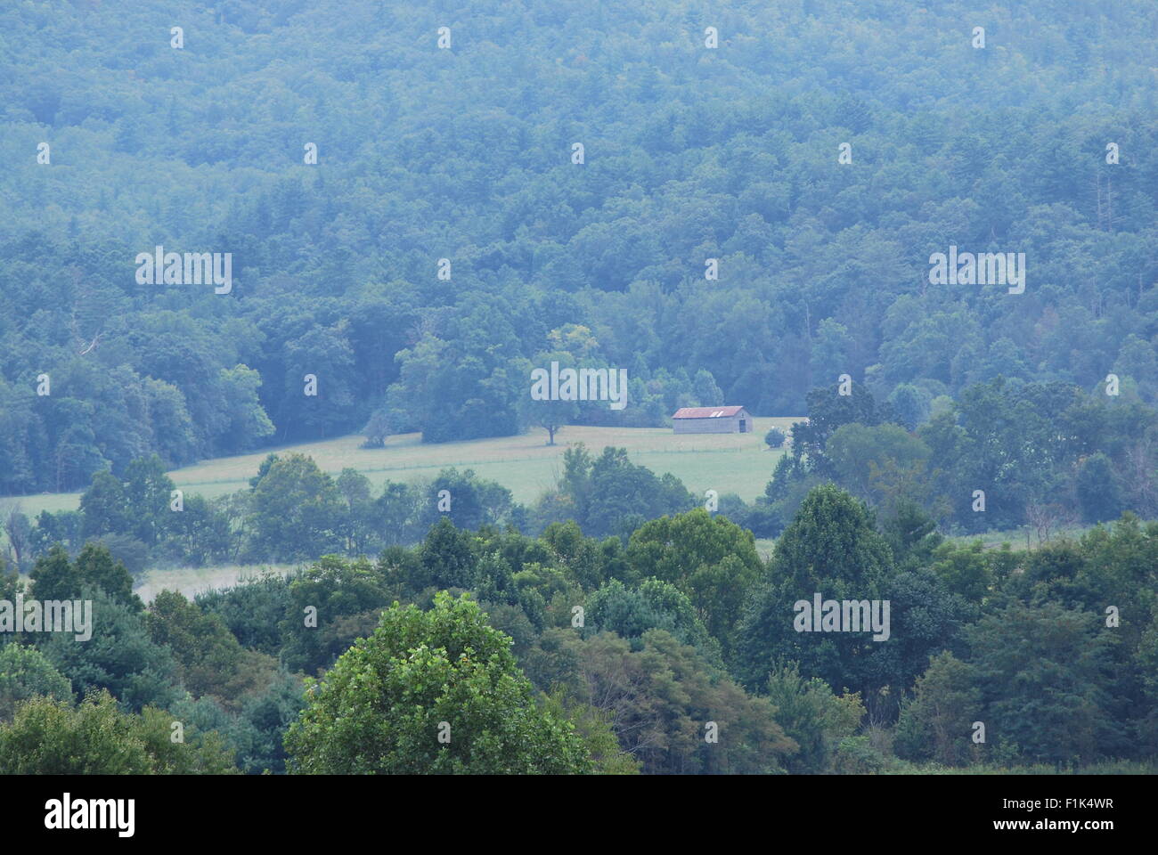 Un estate paesaggio di montagna, con un fienile vintage. Foto Stock