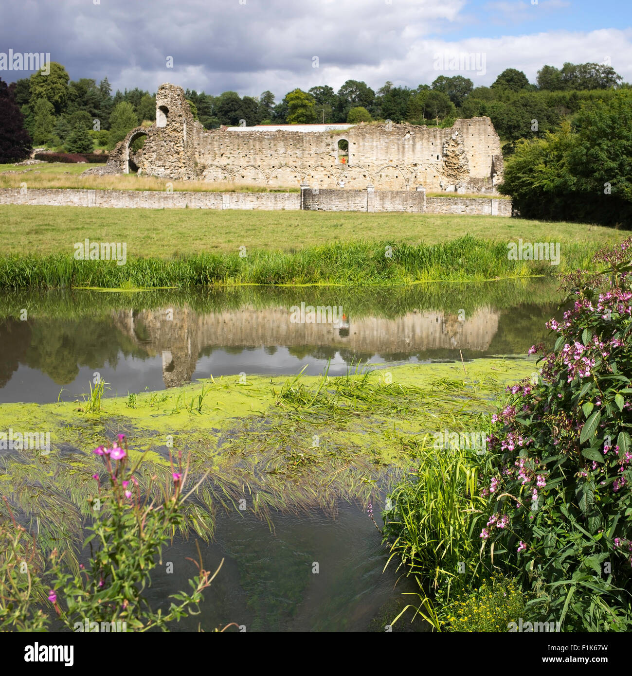 La storica rimane di Kirkham Priory riflessa nel fiume Derwent, North Yorkshire, Inghilterra, Regno Unito Foto Stock