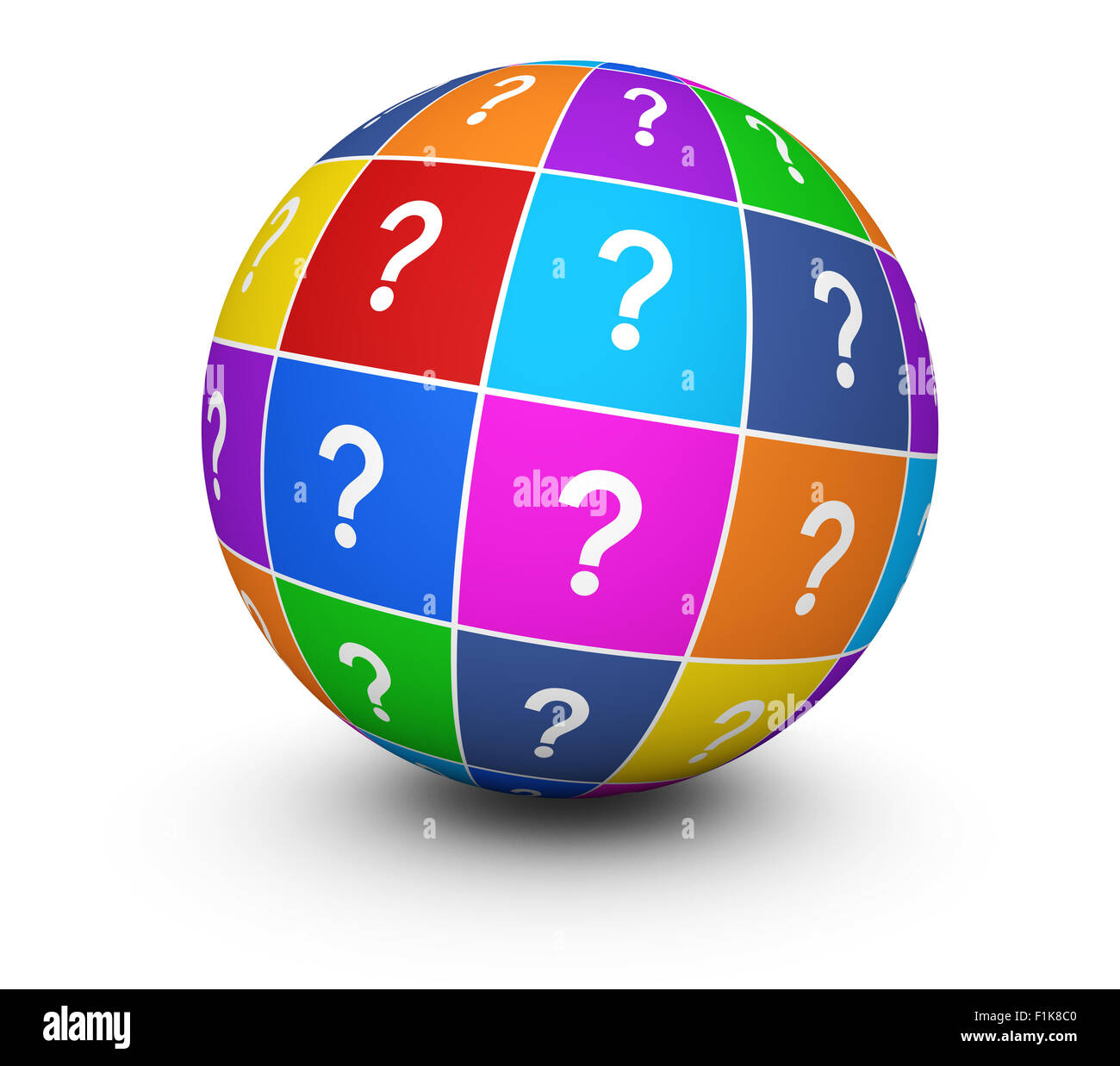 Punto interrogativo e l'icona in un colorato mondo concettuale di 3d'illustrazione per il web e business online su sfondo bianco. Foto Stock