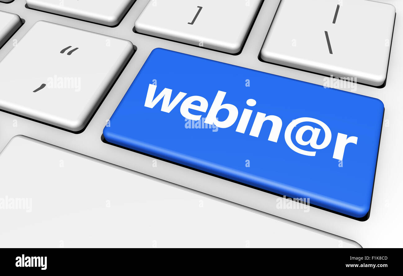L'E-learning educazione on line e concetto di officina con segno di webinar e word su un computer blu chiave per blog e business online. Foto Stock