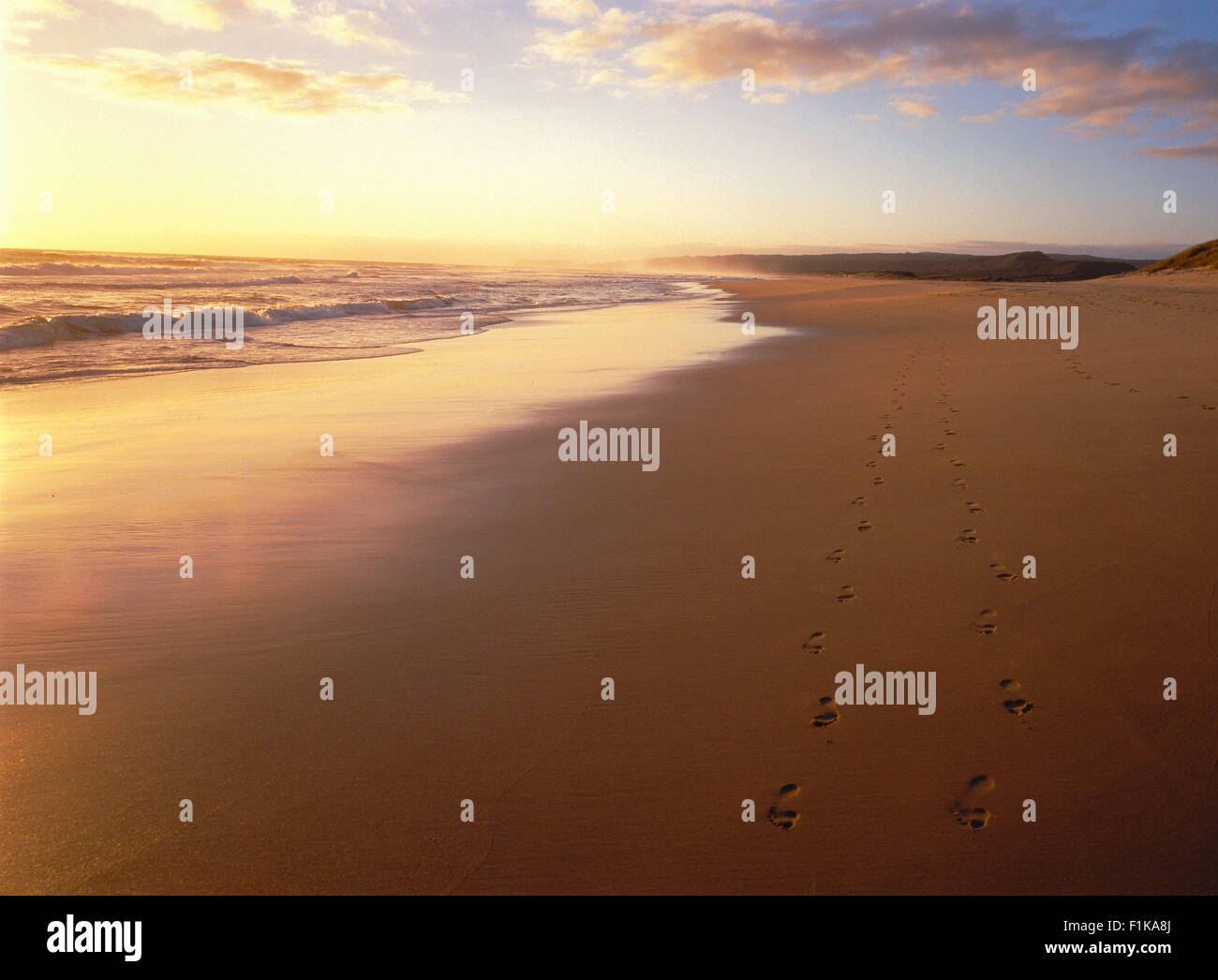 Impronte sulla spiaggia al tramonto Sedgefield, Western Cape, Sud Africa Foto Stock