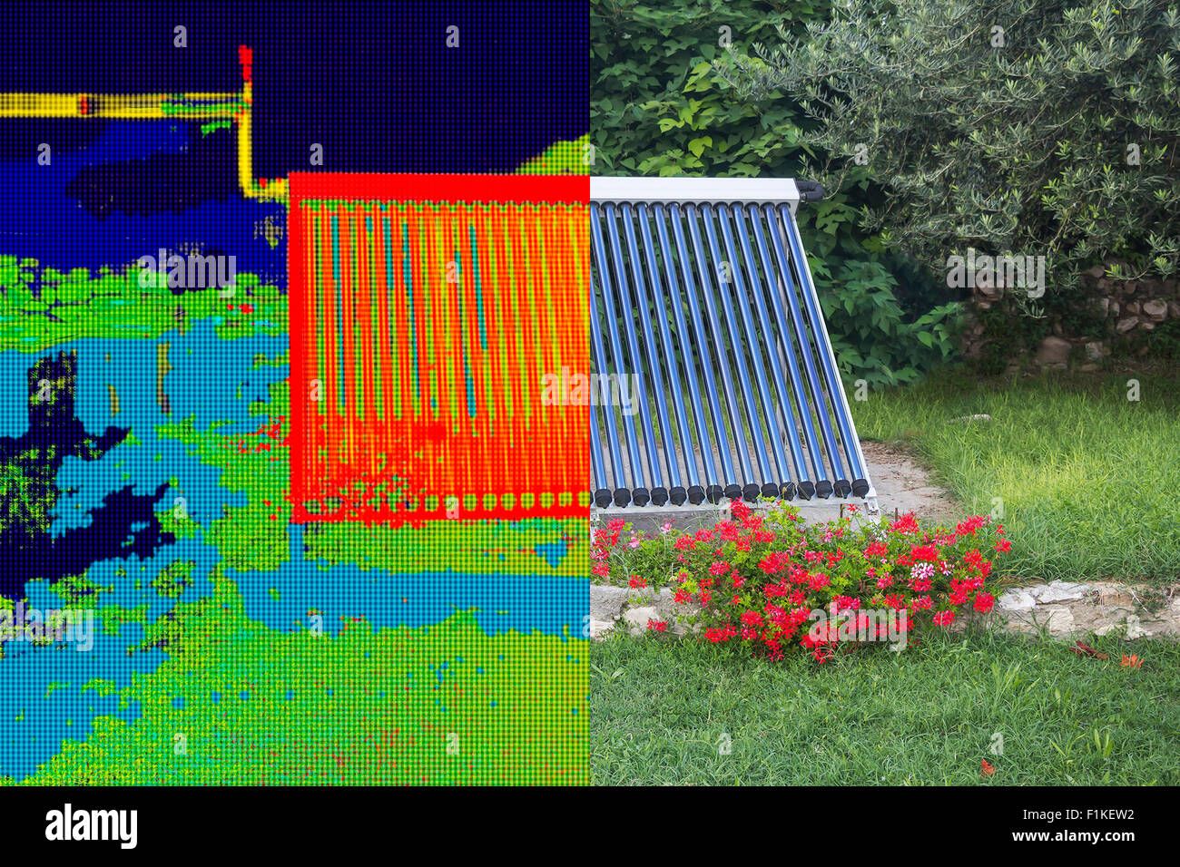 Immagini reali e a infrarossi di vuoto riscaldamento di acqua solare sistema Foto Stock