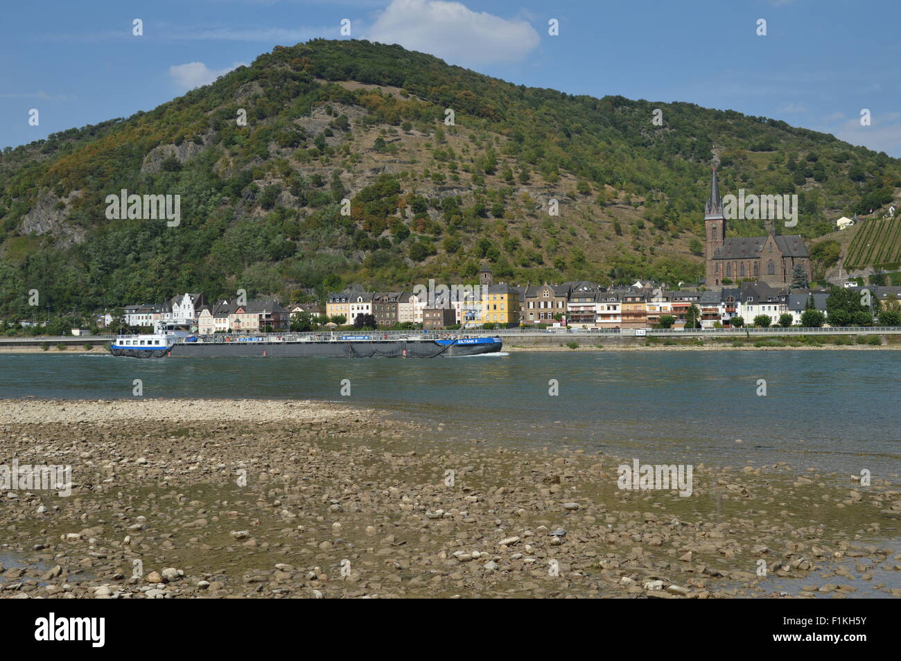 Il fiume Reno essiccato fino vicino a Lorch Foto Stock