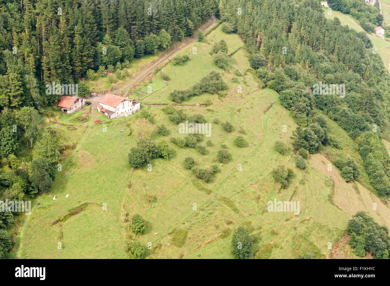 Veduta aerea di un paesaggio tradizionale di campagna Atlantico con una tradizionale fattoria nel Paese Basco. Spagna. Foto Stock