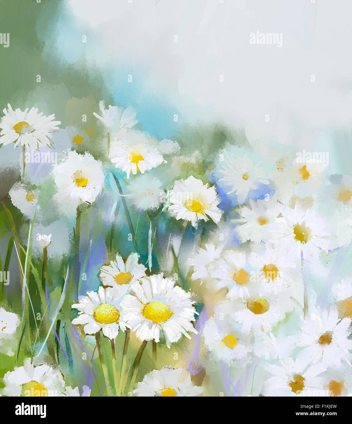 Pittura di olio Daisy fiori in campo. Daisy in colori delicati sul verde-blu il colore dello sfondo. Fiore di primavera sullo sfondo della natura Foto Stock