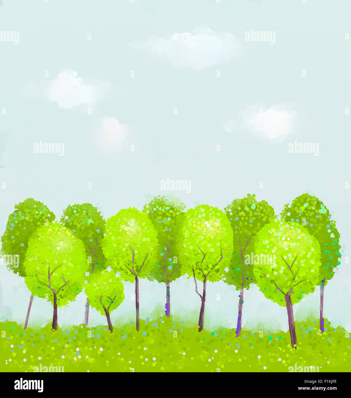 Fantasy green tree dipinto con il blu del cielo. Primavera o estate stagione sullo sfondo della natura Foto Stock