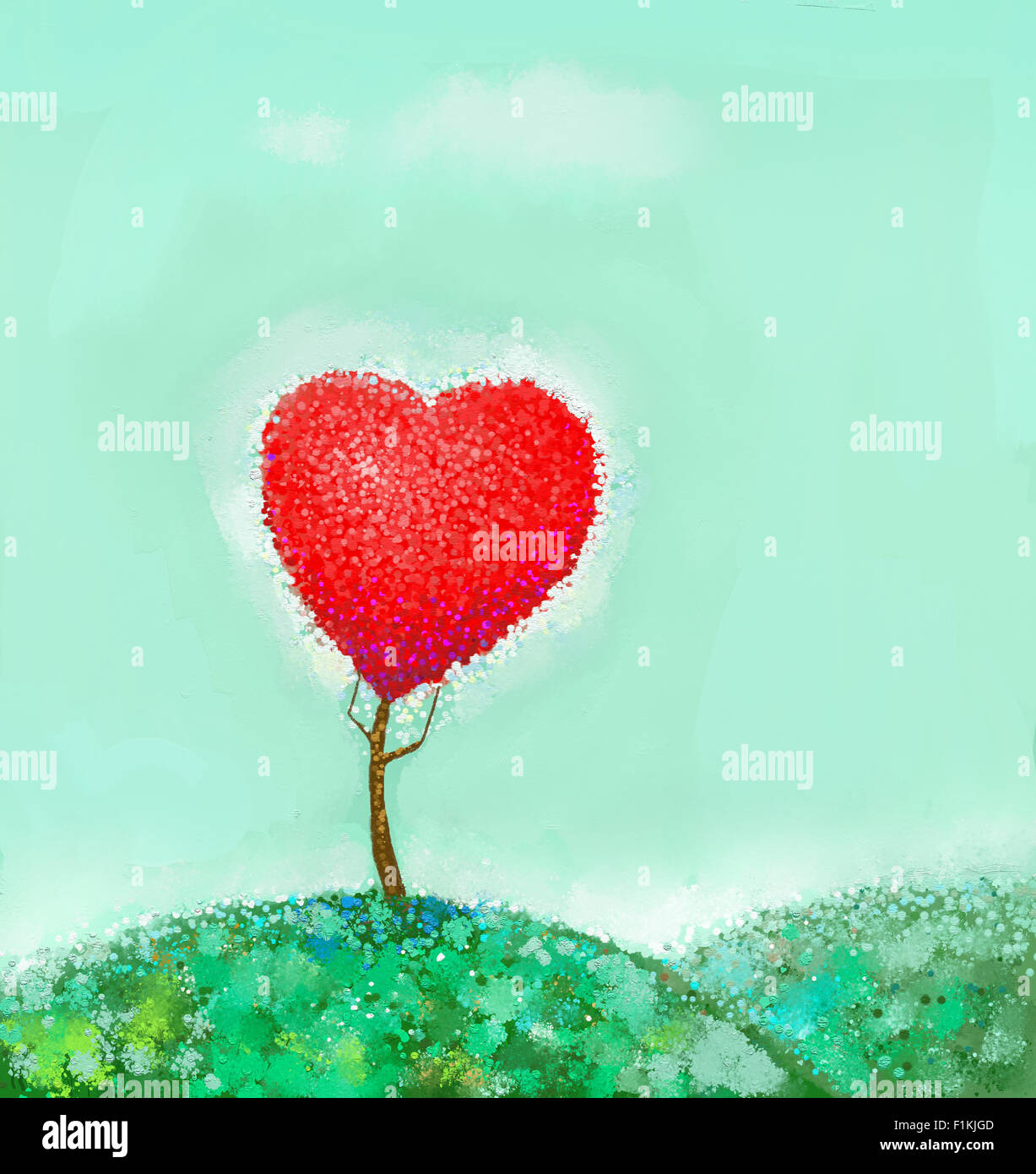 Fantasy pittura ad olio. Albero con cuore rosso. Foto Stock