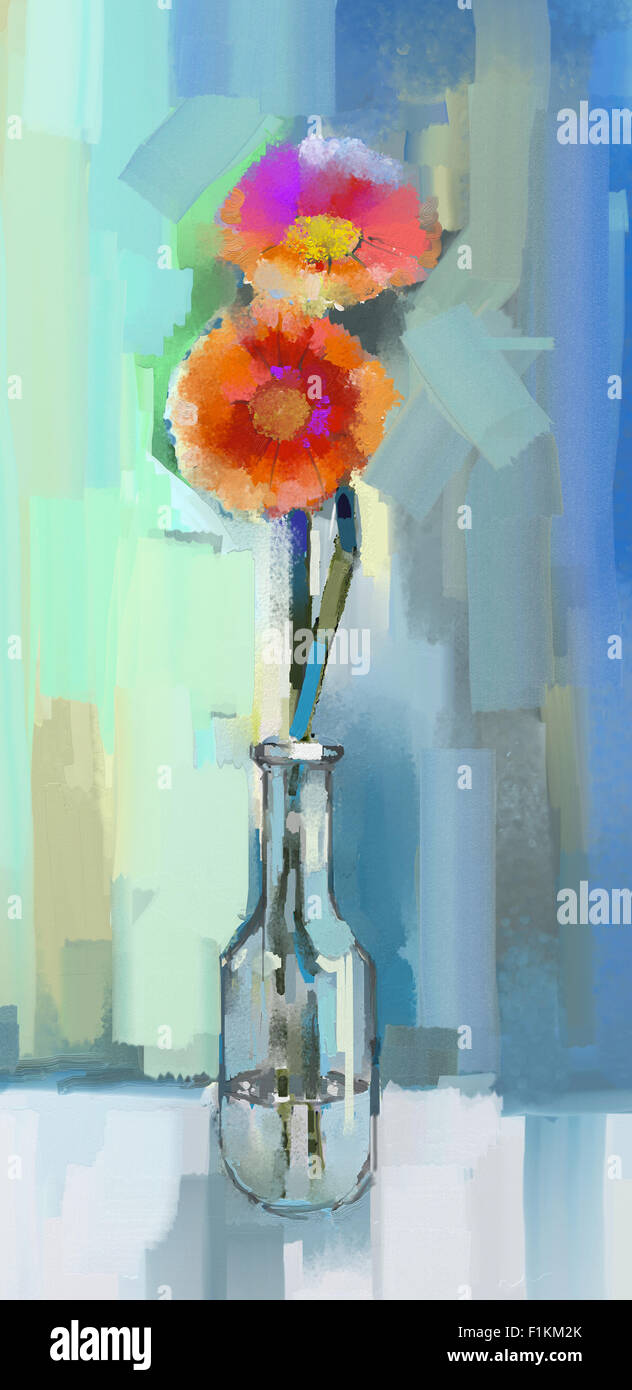 Pittura di olio ancora la vita di rosso Gerbera fiori in vaso di vetro blu con il colore di sfondo Foto Stock