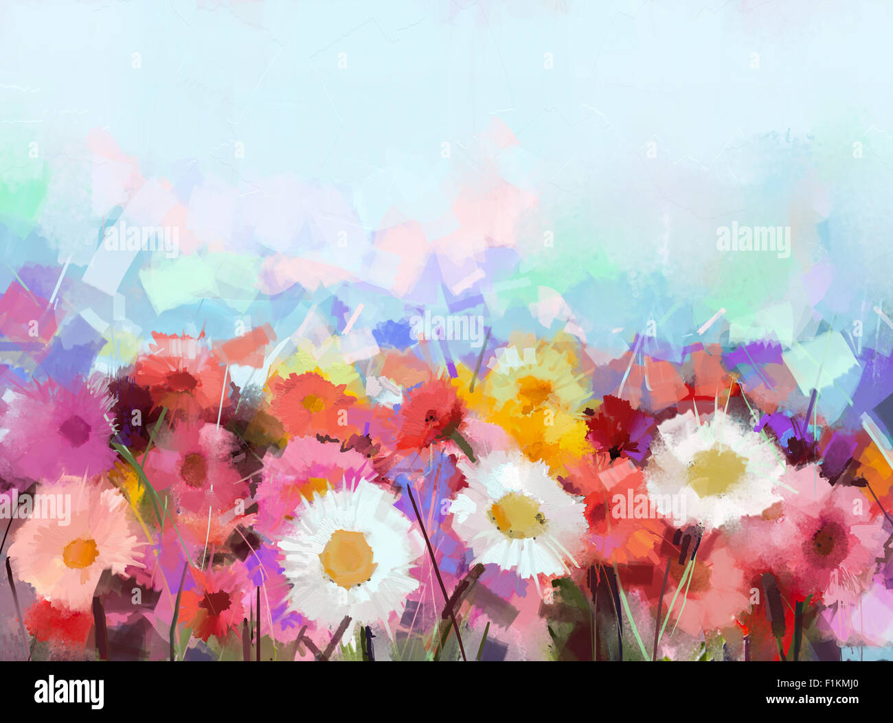 Pittura di olio fiori daisy - Gerbera fiore nei campi. La mano di vernice prato di fiori di campo. Primavera - Estate floreale natura stagionale Foto Stock