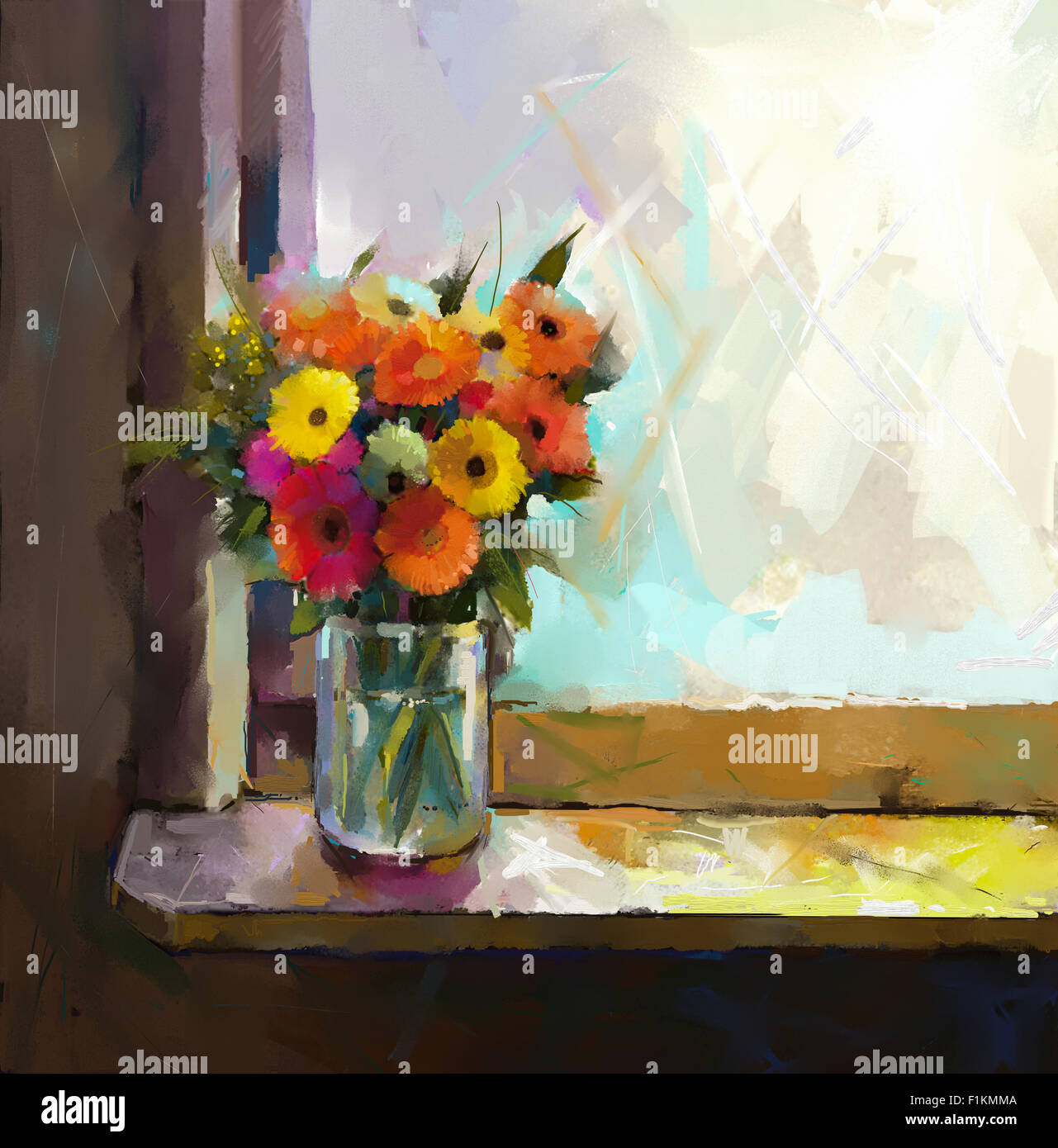 Pittura di olio bouquet di Daisy e fiori di gerbera,vaso di vetro con fiori nella parte anteriore della finestra Foto Stock