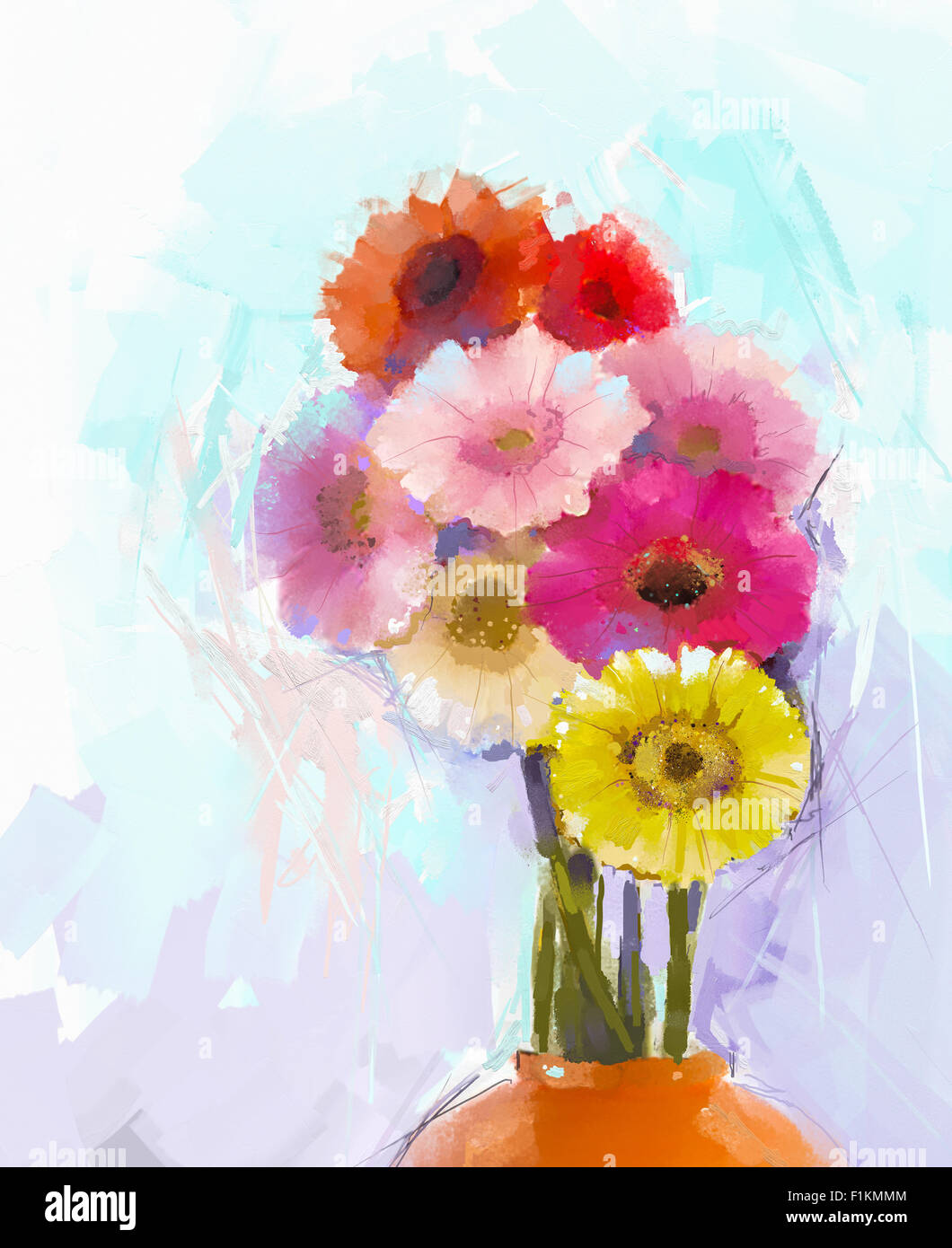 Pittura a olio di fiori di Gerbera. Ancora in vita del mazzo di fiori gialli e rossi fiori di gerbera in colore arancione vaso Foto Stock
