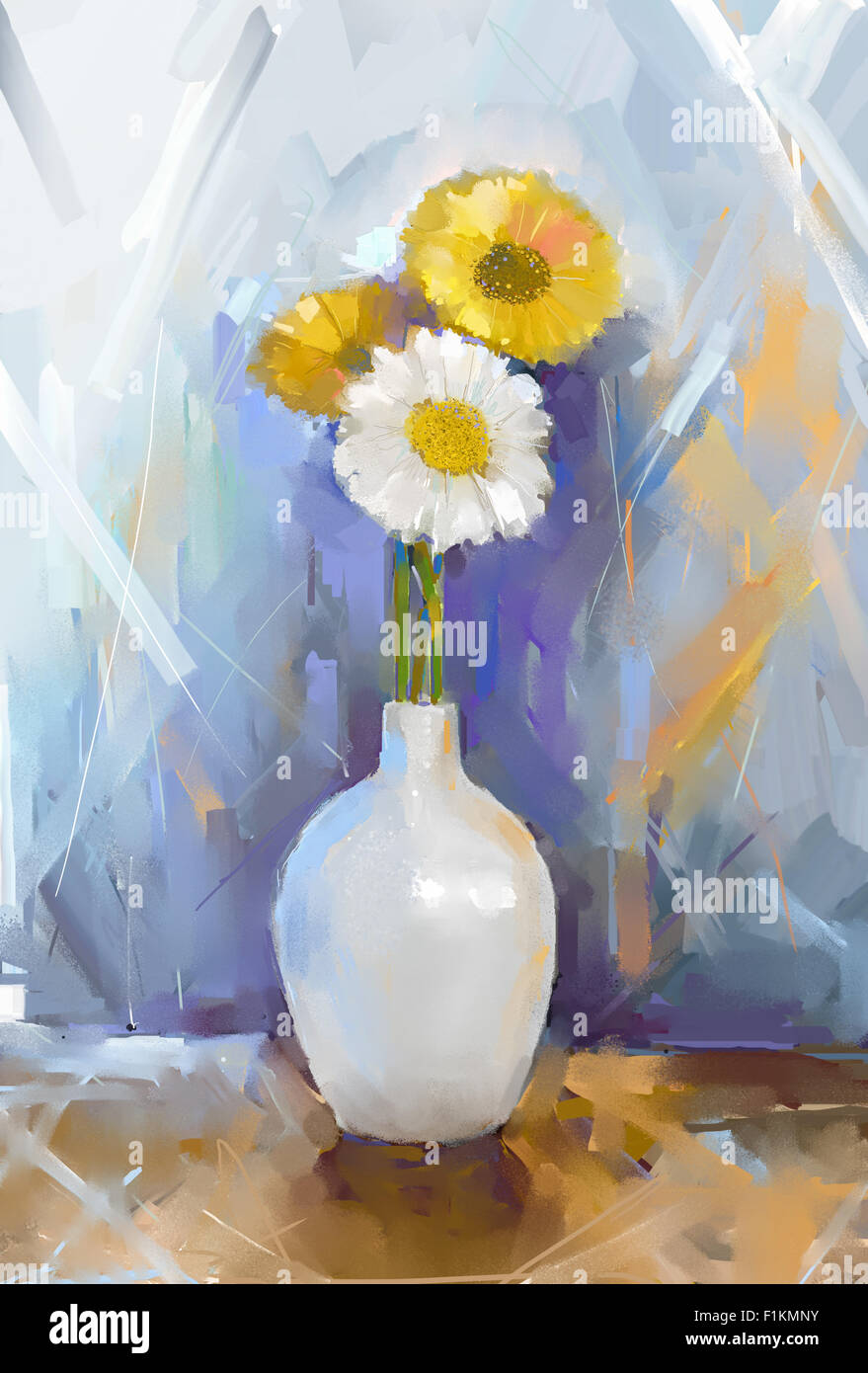 Pittura di olio ancora vita bouquet di fiori di Gerbera. Il bianco e il giallo fiore di Gerbera in vaso bianco Foto Stock