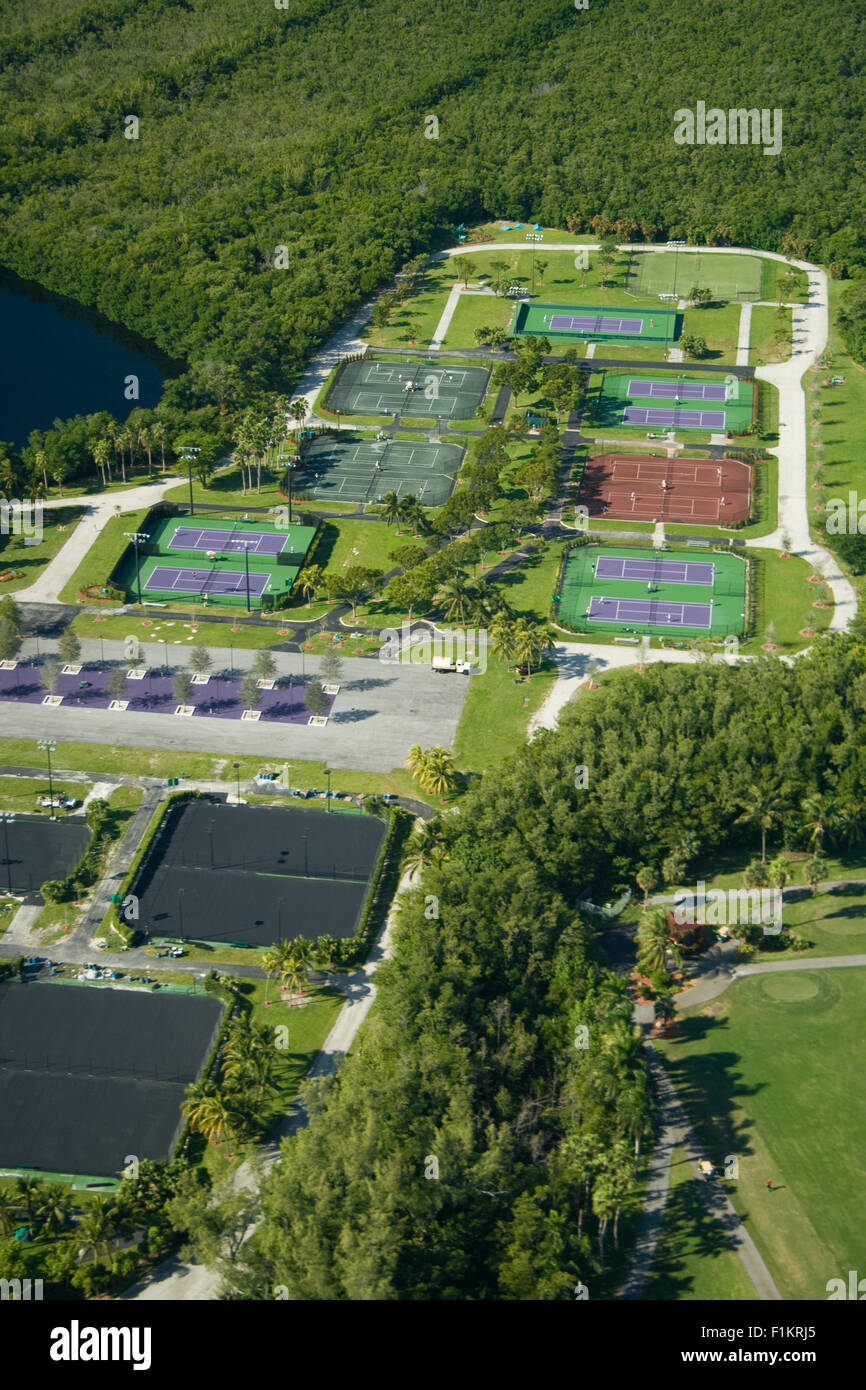 La fotografia aerea di Crandon Park Tennis Center di Key Biscayne, regione di Miami, Florida, Stati Uniti d'America Foto Stock