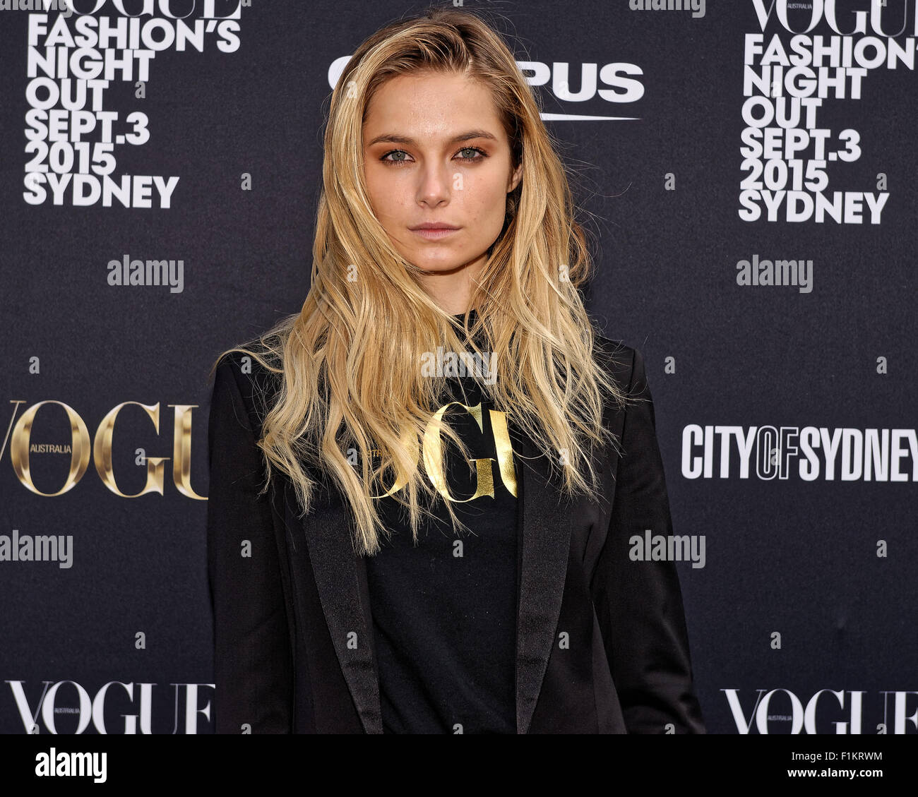 Sydney, Australia. 03Sep, 2015. Bridget Malcolm arriva alla Vogue Fashion's Night Out a Sydney. Credito: MediaServicesAP/Alamy Live News Foto Stock