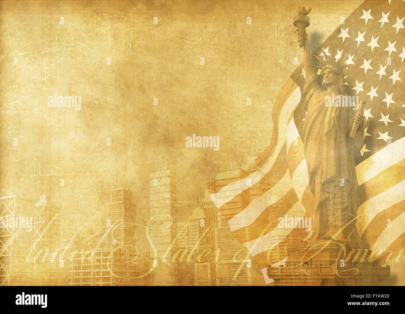 Vintage American Background illustrazione astratta con la Statua della Libertà, bandiera americana e American lo skyline della citta'. Vintage vecchio P Foto Stock