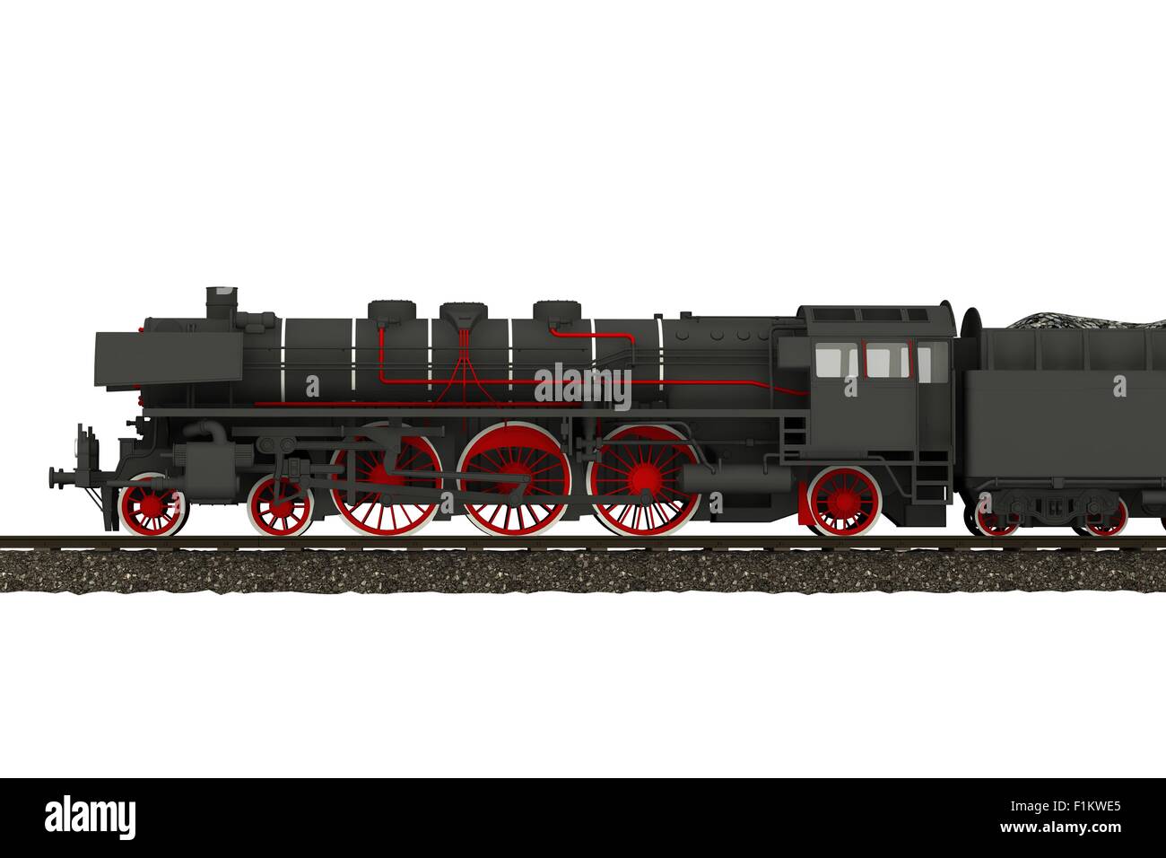 Treno a vapore illustrazione locomotiva isolata su bianco. Locomotiva Vintage Vista laterale 3D Render. Foto Stock