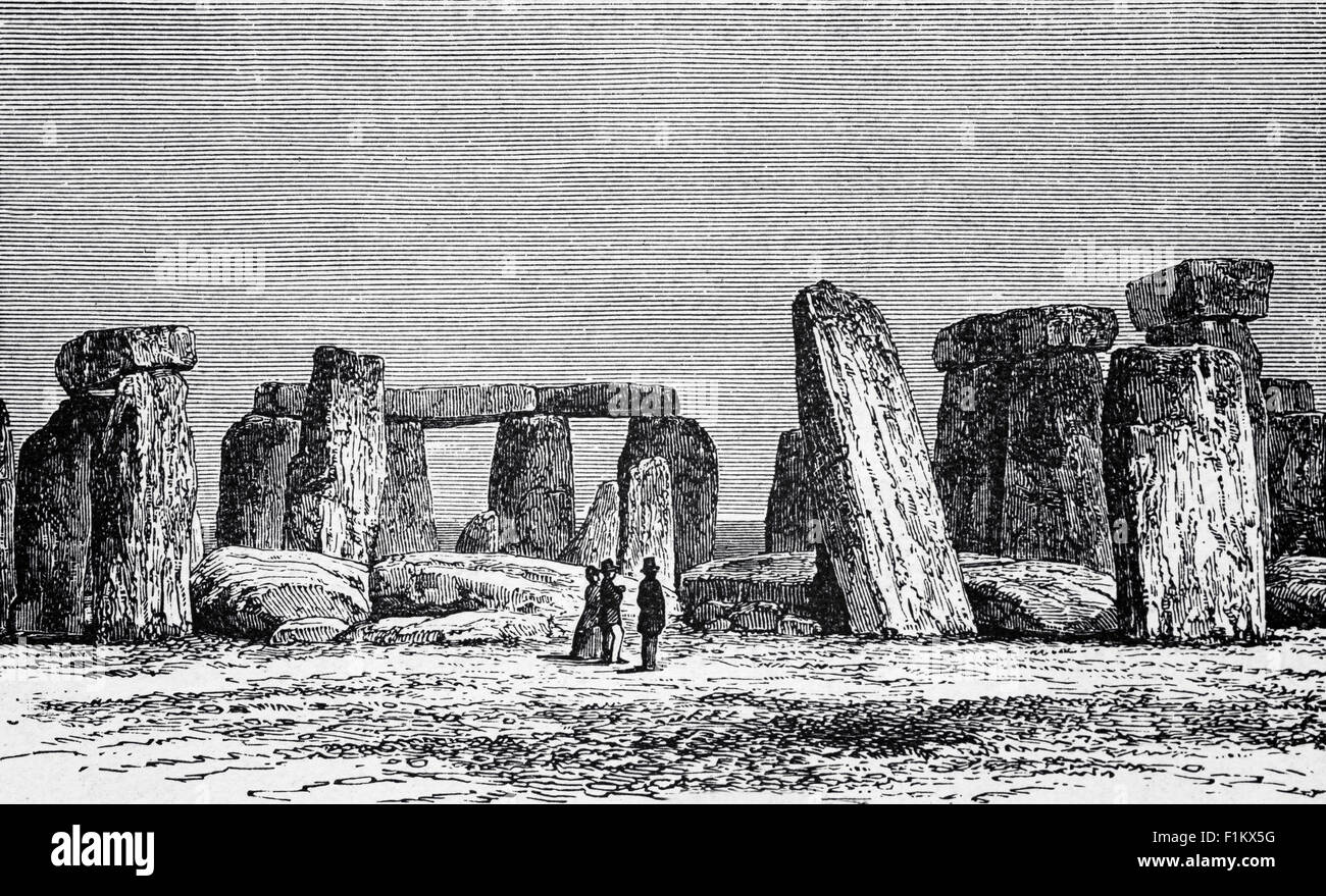 Una vista del 19 ° secolo di Stonehenge vicino Salisbury. Wiltshire, Inghilterra. Gli archeologi credono che sia stato costruito dal 3000 a.C. al 2000 a.C. Stonehenge avrebbe potuto essere un terreno di sepoltura fin dai suoi primi inizi. I depositi contenenti ossa umane risalgono al 3000 a.C., quando il fosso e la banca furono scavati per la prima volta, e continuarono per almeno altri 500 anni. Foto Stock