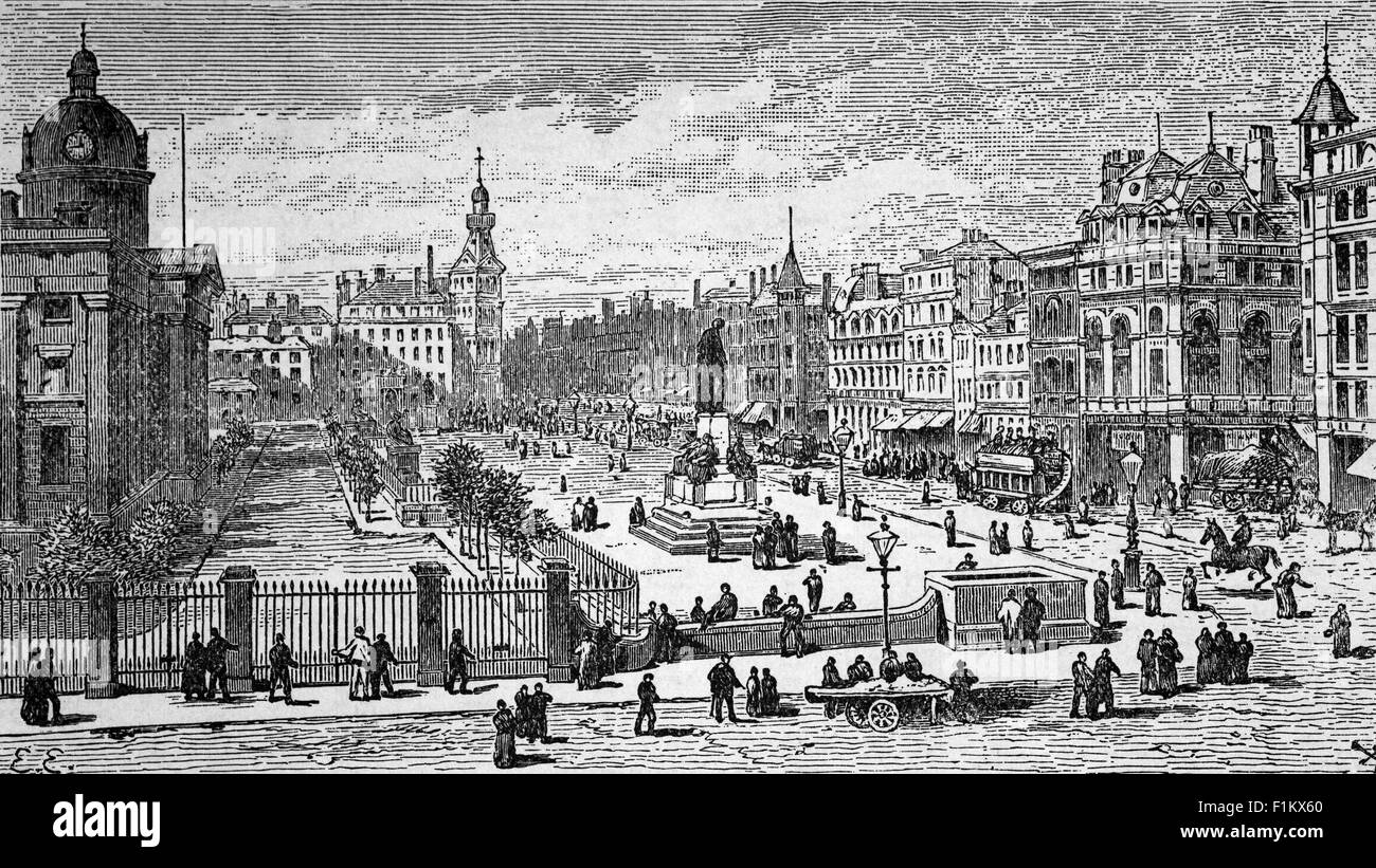 Una vista del 19 ° secolo dal Queen's Hotel della Royal Infirmary e Piccadilly Circus, uno spazio verde nel centro della città di Manchester, Inghilterra. Foto Stock