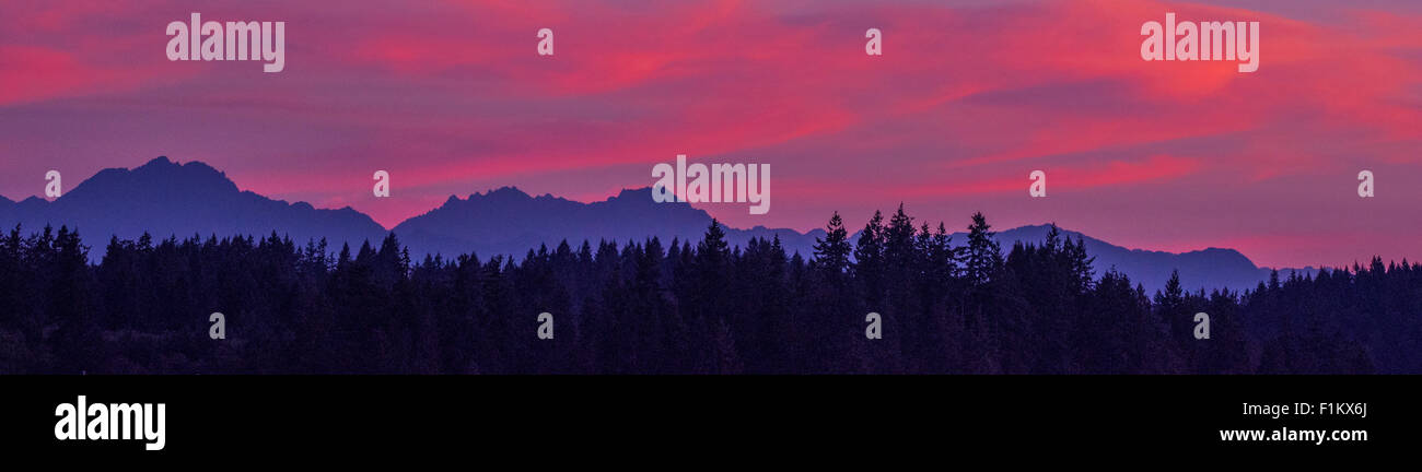 Bel tramonto oltre le montagne olimpiche, Est Puget Sound. Stato di Washington. Stati Uniti d'America Foto Stock
