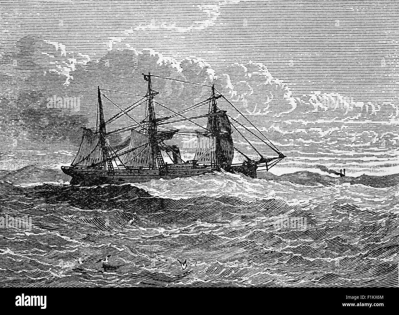 Vaporiera oceanica del XIX secolo che attraversa il Mersey Bar, fiume Mersey, lasciando il porto di Liverpool, Merseyside, Inghilterra Foto Stock