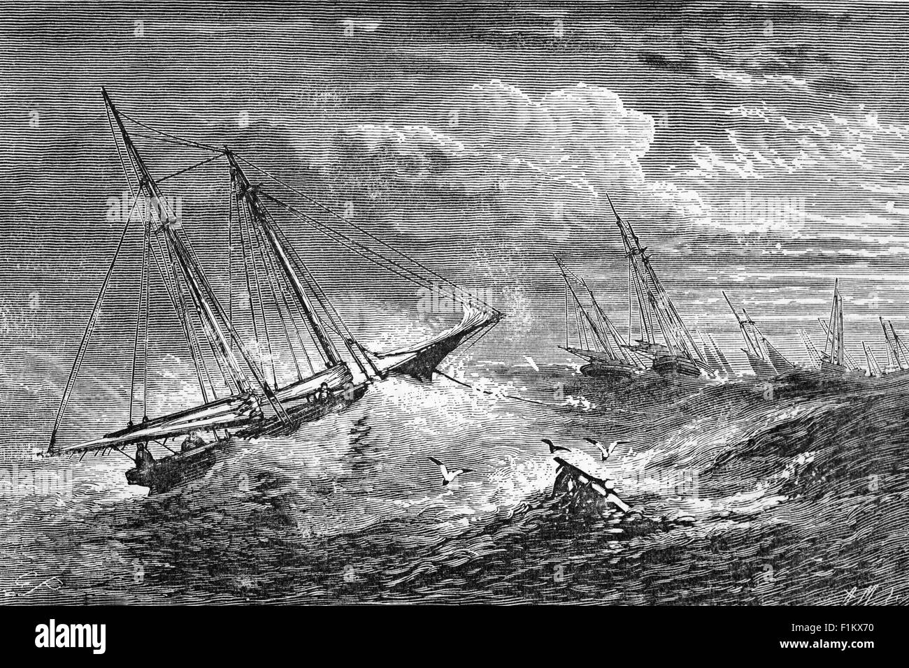 Navi a vela del 19 ° secolo che cavalcano un gale, sulle rive di Terranova, Canada Foto Stock
