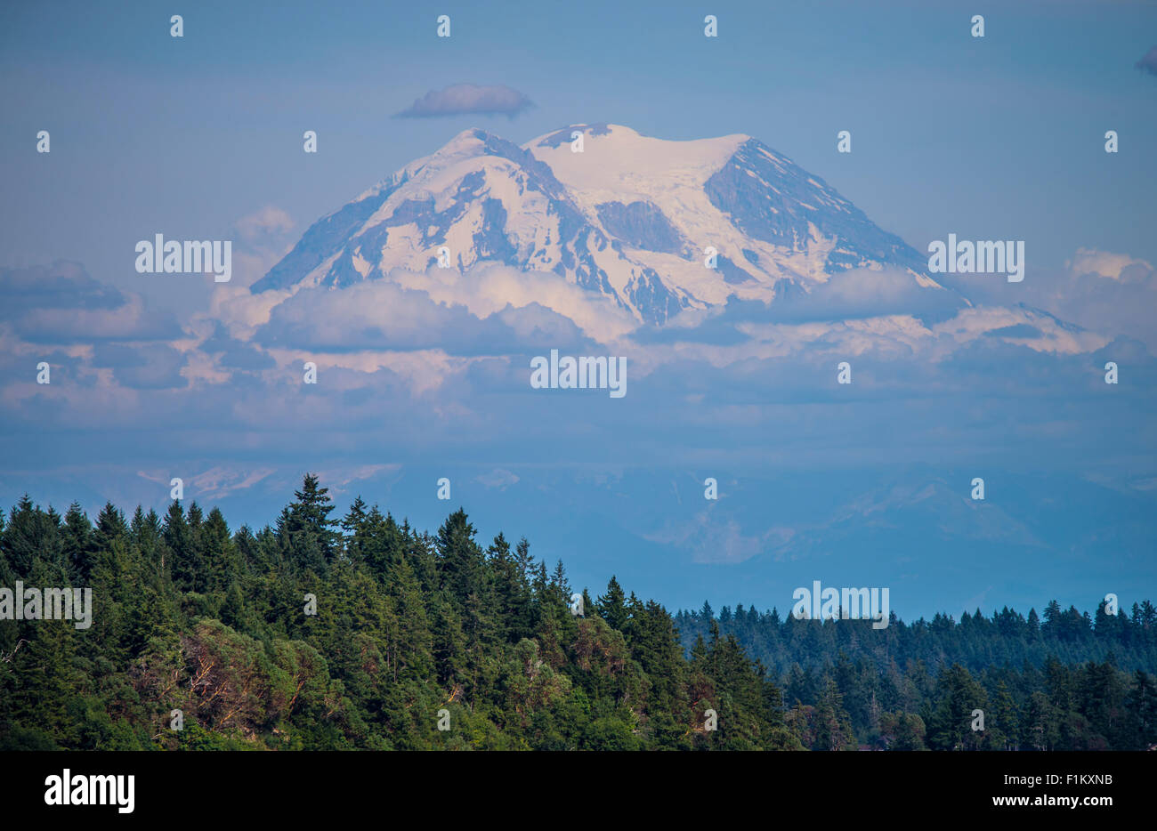 Close-up scenic di Mount Rainier, Squaxin Isalnd, nello Stato di Washington. Stati Uniti d'America Foto Stock