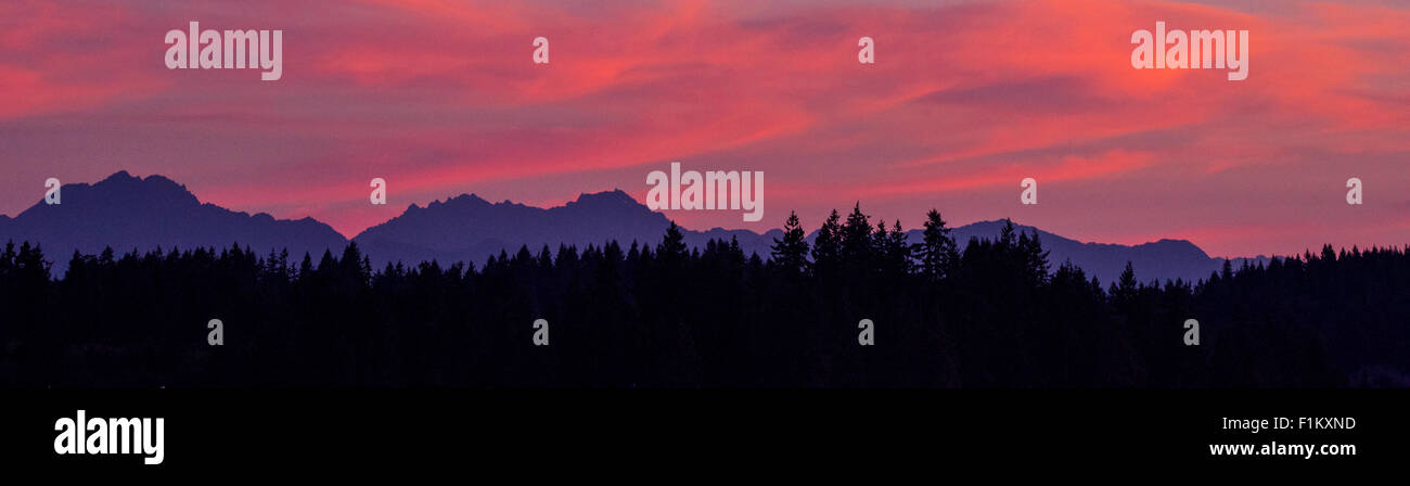Bel tramonto oltre le montagne olimpiche, Est Puget Sound. Stato di Washington. Foto Stock