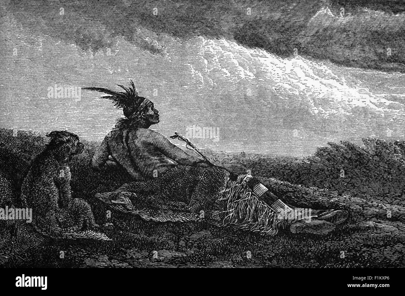 Un nativo americano del 19 ° secolo sulla Prairie, Stati Uniti. I nativi americani, conosciuti anche come indiani americani, primi americani, indigeni americani e altri termini, sono le popolazioni indigene degli Stati Uniti. Foto Stock