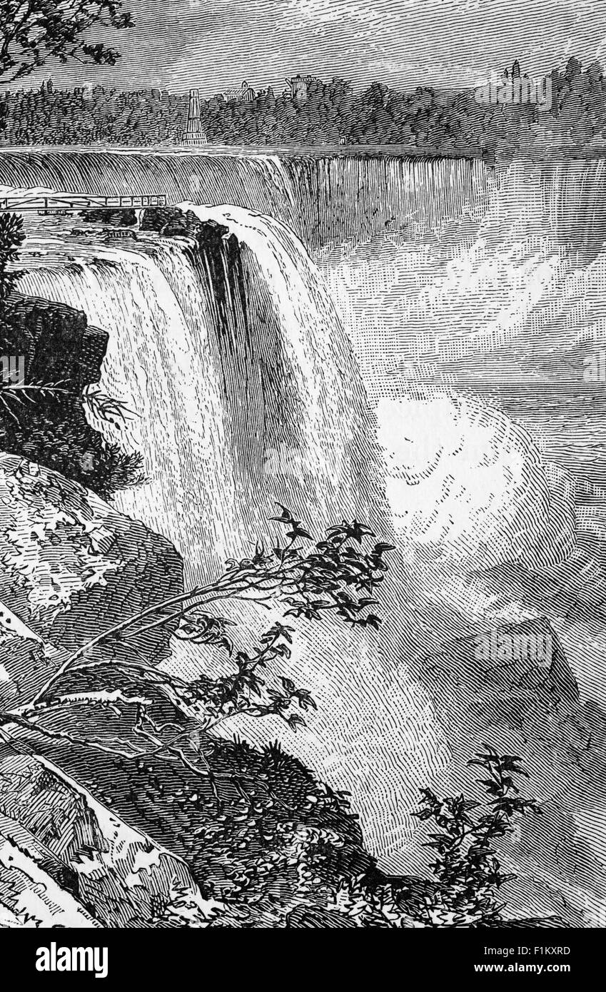 Un'illustrazione del diciannovesimo secolo delle Cascate del Niagara, sul fiume Niagara, che drenano il Lago Erie nel Lago Ontario, le cascate combinate hanno la più alta portata di qualsiasi cascata del Nord America che ha una caduta verticale di oltre 50 metri (160 piedi). Il gruppo di tre cascate all'estremità meridionale della gola del Niagara, che si estende lungo il confine tra la provincia dell'Ontario in Canada e lo stato di New York negli Stati Uniti. Foto Stock