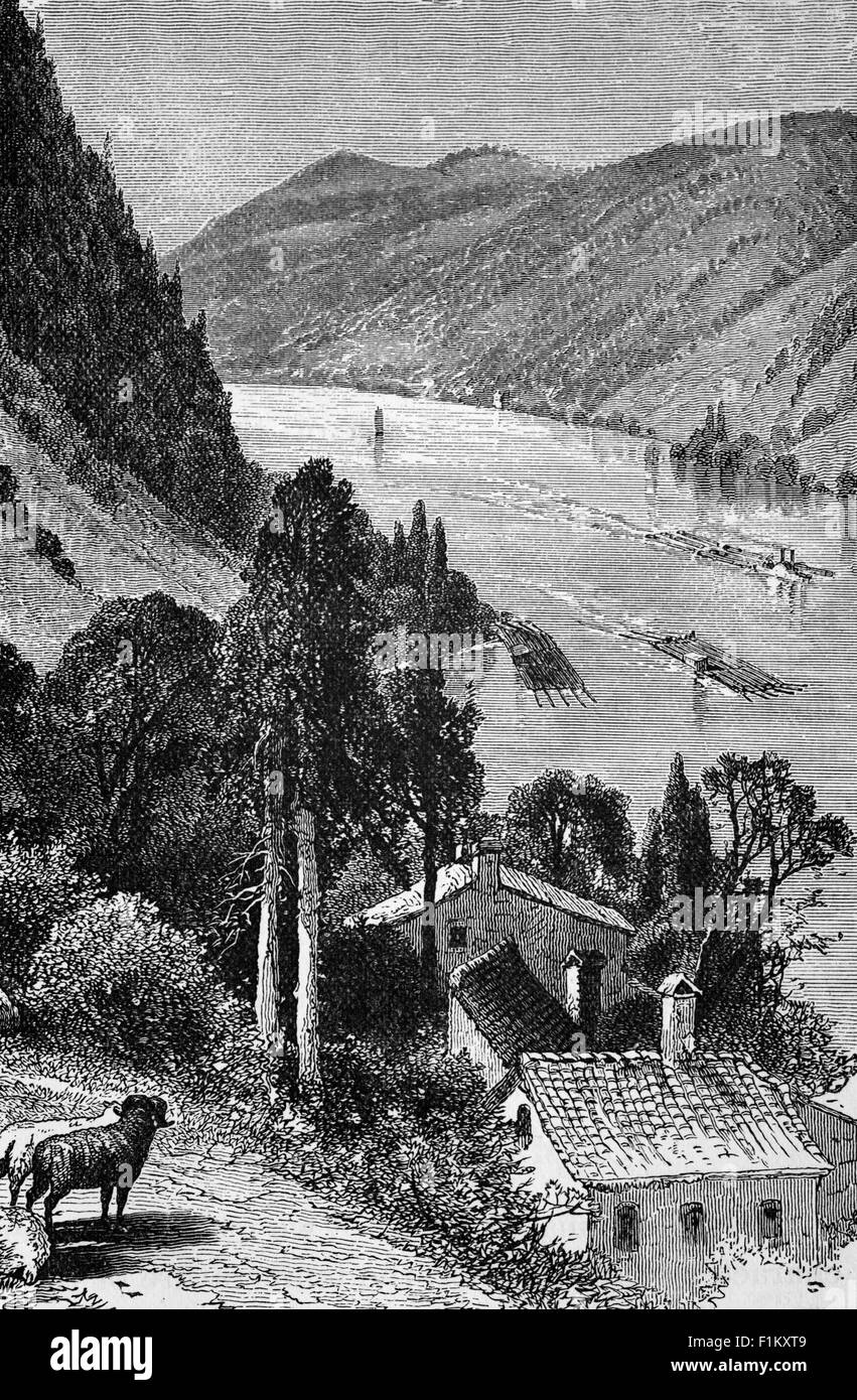 Una vista del XIX secolo di una zattera di tronchi che galleggia lungo l'Alto Danubio, tra Passua e Lintz, in Germania Foto Stock
