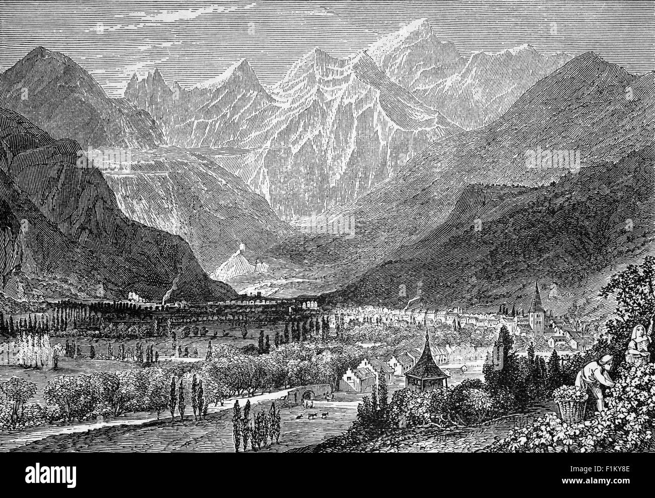 Una vista del 19 ° secolo dei Pirenei vicino Bagnères-de-Luchon AKA Luchon, un comune e città termale nel dipartimento dell'alta Garonna nella regione delle Occitanie, Francia sud-occidentale. L'arrivo della ferrovia nel 1873 e la costruzione del casinò nel 1880 hanno ulteriormente sviluppato la popolarità della città dove turisti di lusso e cosmopoliti sono venuto fino al Roaring anni Venti. Foto Stock