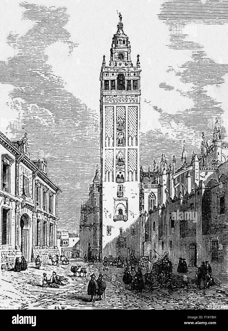 Vista del XIX secolo della Giralda, il campanile della Cattedrale di Siviglia, in Spagna. Fu costruito come minareto per la Grande Moschea di Siviglia ad al-Andalus, Spagna moresca, durante il regno della dinastia Almohad, con una cima in stile rinascimentale aggiunta dai cattolici dopo l'espulsione dei musulmani dalla zona. Risalente alla riconquista del 1248 al 16 ° secolo e costruito dai Mori. Foto Stock