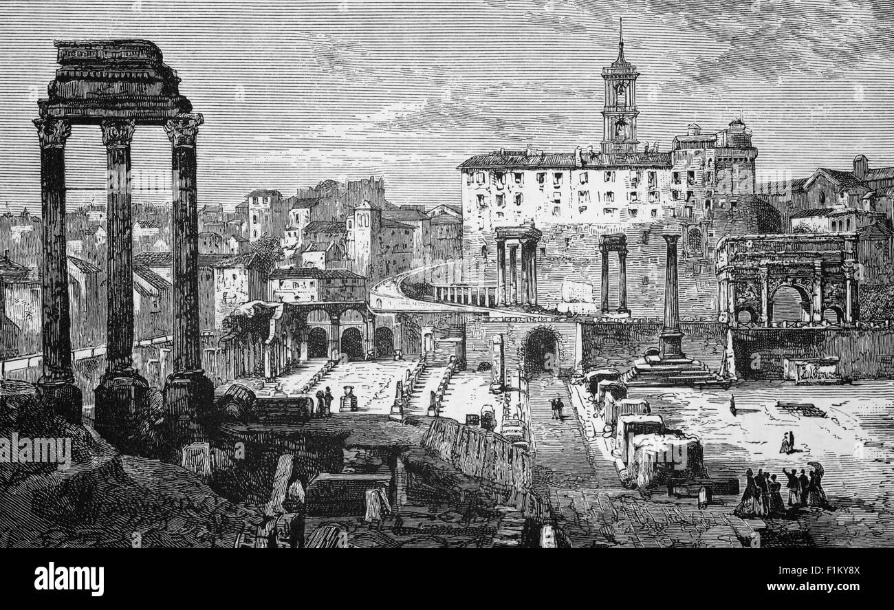 Una vista del 19 ° secolo del Foro, noto anche come Foro Romano, un foro rettangolare (piazza) circondato dalle rovine di diversi importanti edifici antichi del governo al centro della città di Roma, Italia. Per secoli il Forum è stato il centro della vita quotidiana di Roma con processioni ed elezioni; discorsi pubblici, processi criminali, fiammiferi gladiatori; e il nucleo degli affari commerciali. Foto Stock