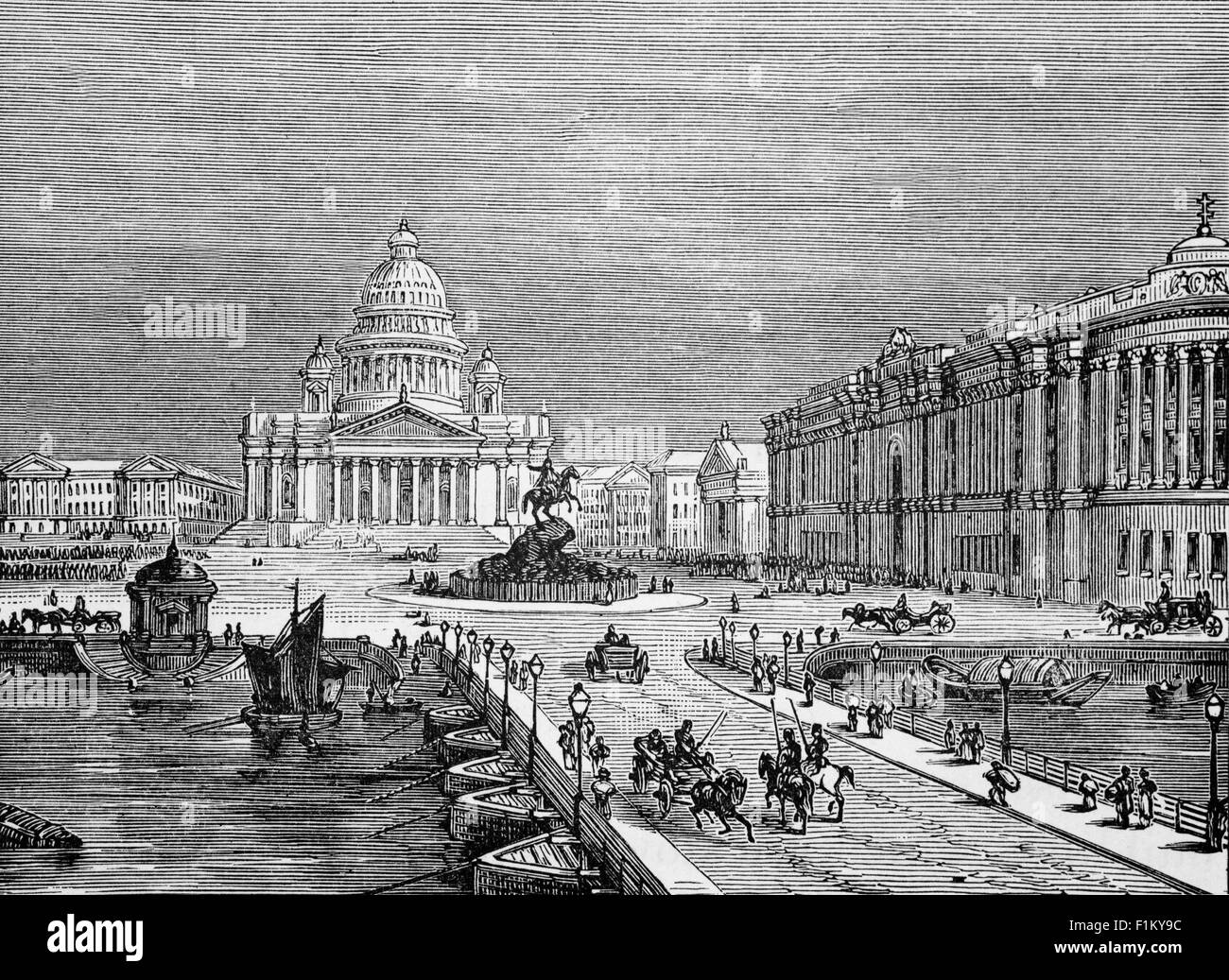 Una vista del 19 ° secolo di Piazza San Isacco a San Pietroburgo, Russia, una grande piazza della città che si estende tra il Palazzo Mariinsky e la Cattedrale di San Isacco, che lo separa da Piazza del Senato. La piazza è adornata dal Monumento equestre a Nicola I. di fronte al palazzo si trova il Ponte Blu, largo 97 metri, che era il più largo di San Pietroburgo. Il ponte, che attraversa il fiume Moika, è solitamente percepito come l'estensione della piazza, anche se in realtà forma una piazza separata, chiamata Mariyinskaya. Foto Stock