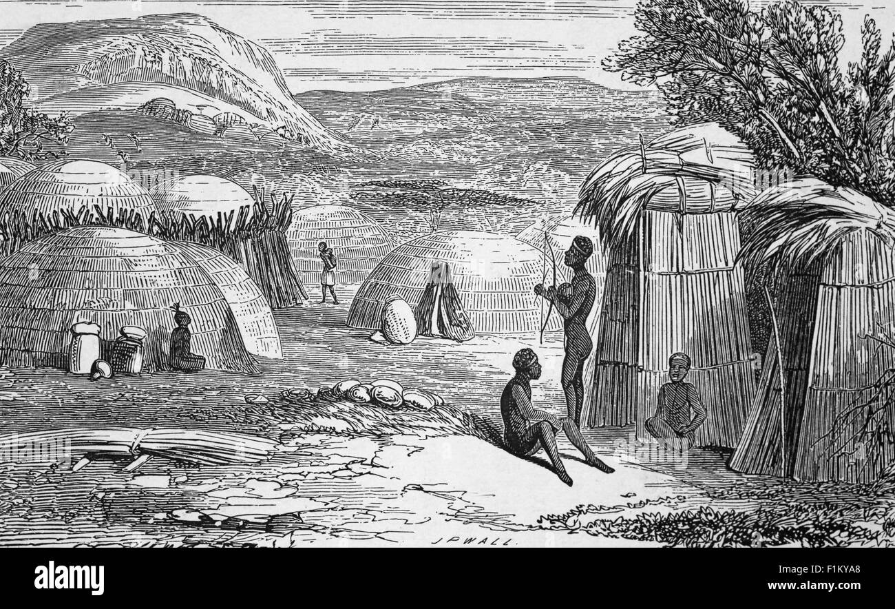 Una vista del 19 ° secolo di un villaggio nativo o Kraal, Sud Africa Foto Stock