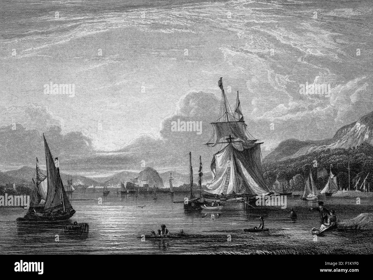 Illustrazione di "The Clyde from Eskine Ferry" dal poema "The Banks of Clyde" di Andrew Park, Scozia. Il traghetto ha navigato attraverso il fiume Clyde da Erskine a Old Kilpatrick ed è considerato il più antico passaggio in traghetto del Clyde. L'attraversamento faceva parte del percorso da Paisley a Old Kilpatrick. Foto Stock