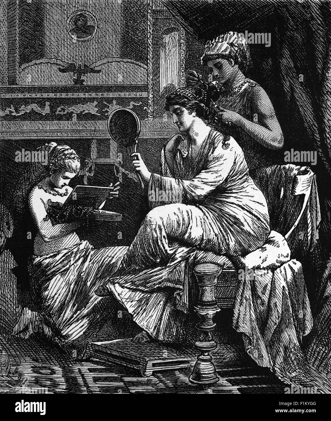 Un primo secolo A.C. donna romana con servi al suo gabinetto. Foto Stock