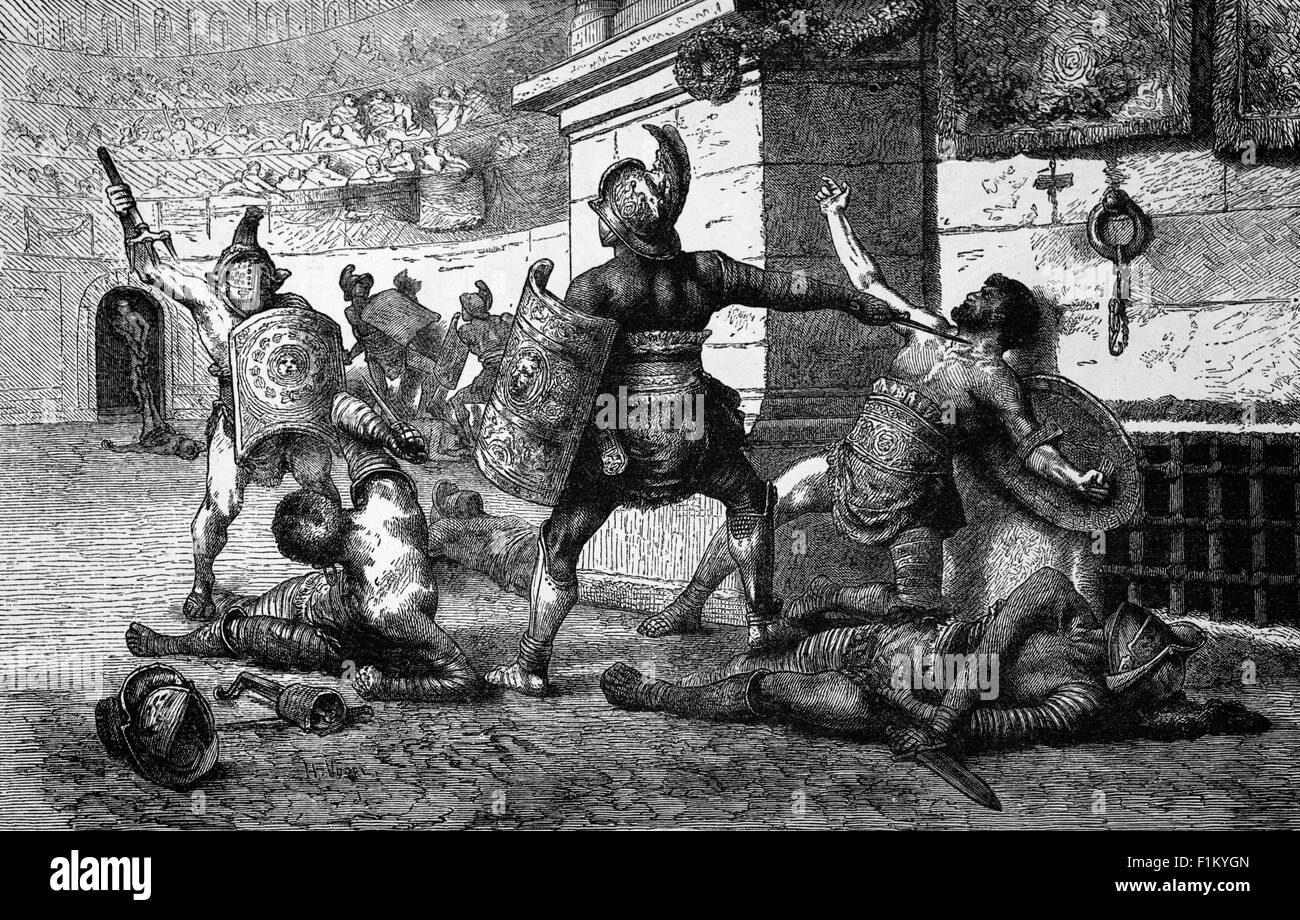 Un gladiatore sconfitto che si rivolge alla folla, durante i combattimenti gladiatori nel Colosseo di Roma. Italia Foto Stock