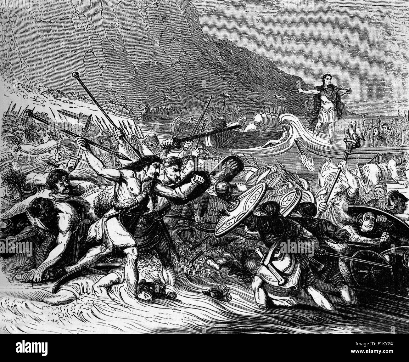 L'invasione della Gran Bretagna da parte di Julius Caesar nel 55 a.C. incontrò una feroce opposizione. Cercò di atterrare a dover, dove le forze massaggiate dei britannici si radunarono sulle colline sovrastanti e le scogliere lo dissuadono dall'atterraggio lì. Poi salpò verso Walmer e/o Pegwell Bay sull'isola di Thanet, Kent. Tracciato dalla cavalleria e dai carri britannici, lo sbarco era contrario, ma gli inglesi alla fine furono spinti indietro e i romani riuscirono a atterrare e a cacciarli. Foto Stock