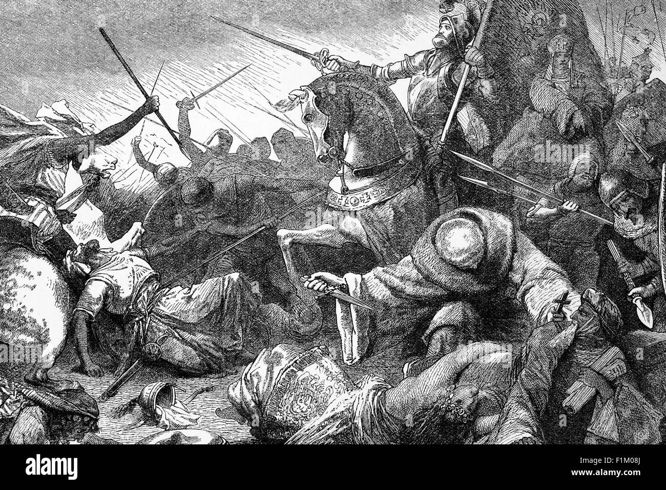 La Battaglia di Las Navas de Tolosa, conosciuta nella storia araba come Battaglia di al-Uqab, ebbe luogo il 16 luglio 1212 e fu un importante punto di svolta nella Reconquista durante la storia medievale della Spagna. Le forze cristiane sotto il re Alfonso VIII di Castiglia furono unite dagli eserciti dei suoi rivali, Sancho VII di Navarra e Pietro II d'Aragona, in battaglia contro i governanti musulmani Almohad della metà meridionale della penisola iberica. La sconfitta schiacciante degli Almohad ha accelerato significativamente il loro declino sia nella penisola iberica che nel Maghreb un decennio più tardi. Foto Stock