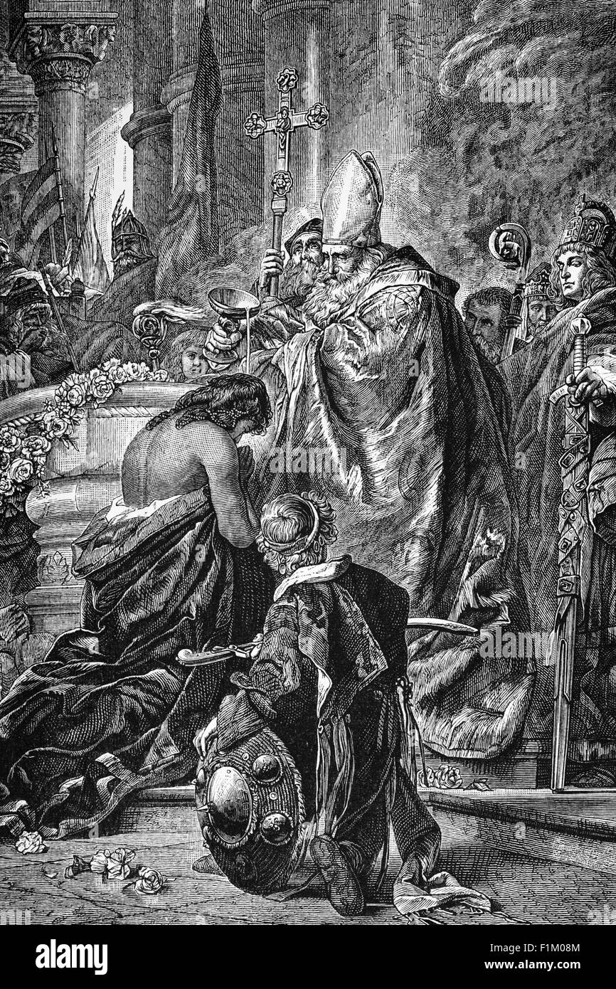Il Battesimo di Santo Stefano d'Ungheria, di Papa Gregorio VII, il 20 agosto 1083. Stefano i, conosciuto anche come Re Santo Stefano (975-1038), fu il primo Re d'Ungheria dal 1000 o 1001, fino alla sua morte nel 1038. Anche se entrambi i suoi genitori furono battezzati, Stephen fu il primo membro della sua famiglia a diventare un cristiano devoto. Foto Stock