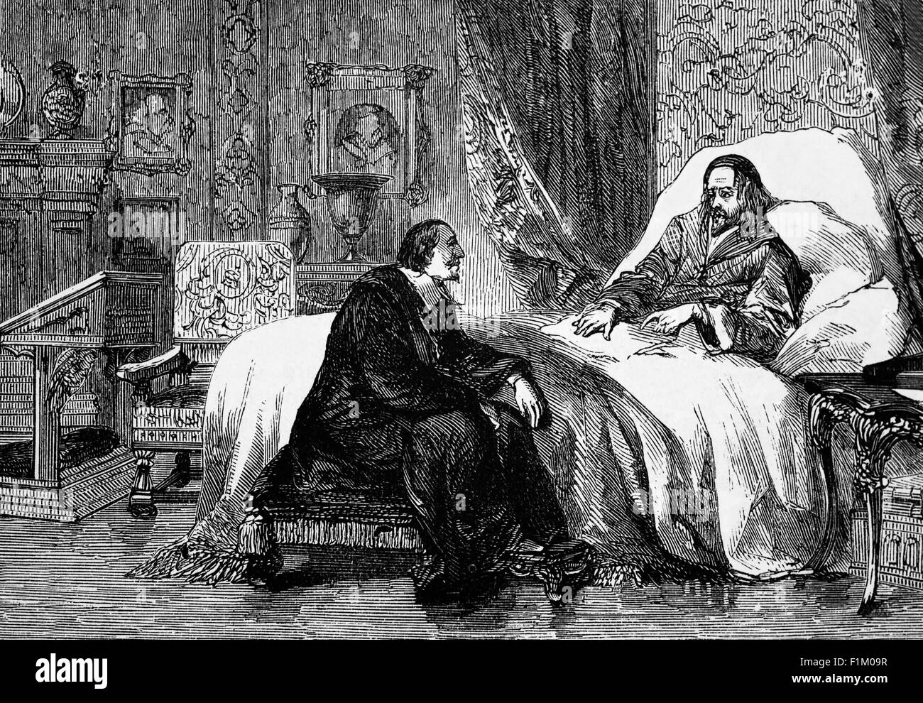 La morte di Armand Jean du Plessis, duca di Richelieu , comunemente chiamato Cardinale Richelieu (1585-1642), un uomo di stato e di stato francese. Fu anche statista, nominato Segretario agli Esteri nel 1616. Continuò a crescere sia nella Chiesa cattolica che nel governo francese, divenendo cardinale nel 1622, e ministro capo di Luigi XIII di Francia nel 1624. Morì il 4 dicembre 1642, all'età di 57 anni, con il suo corpo imbalsamato e sepolto nella chiesa della Sorbona. Foto Stock