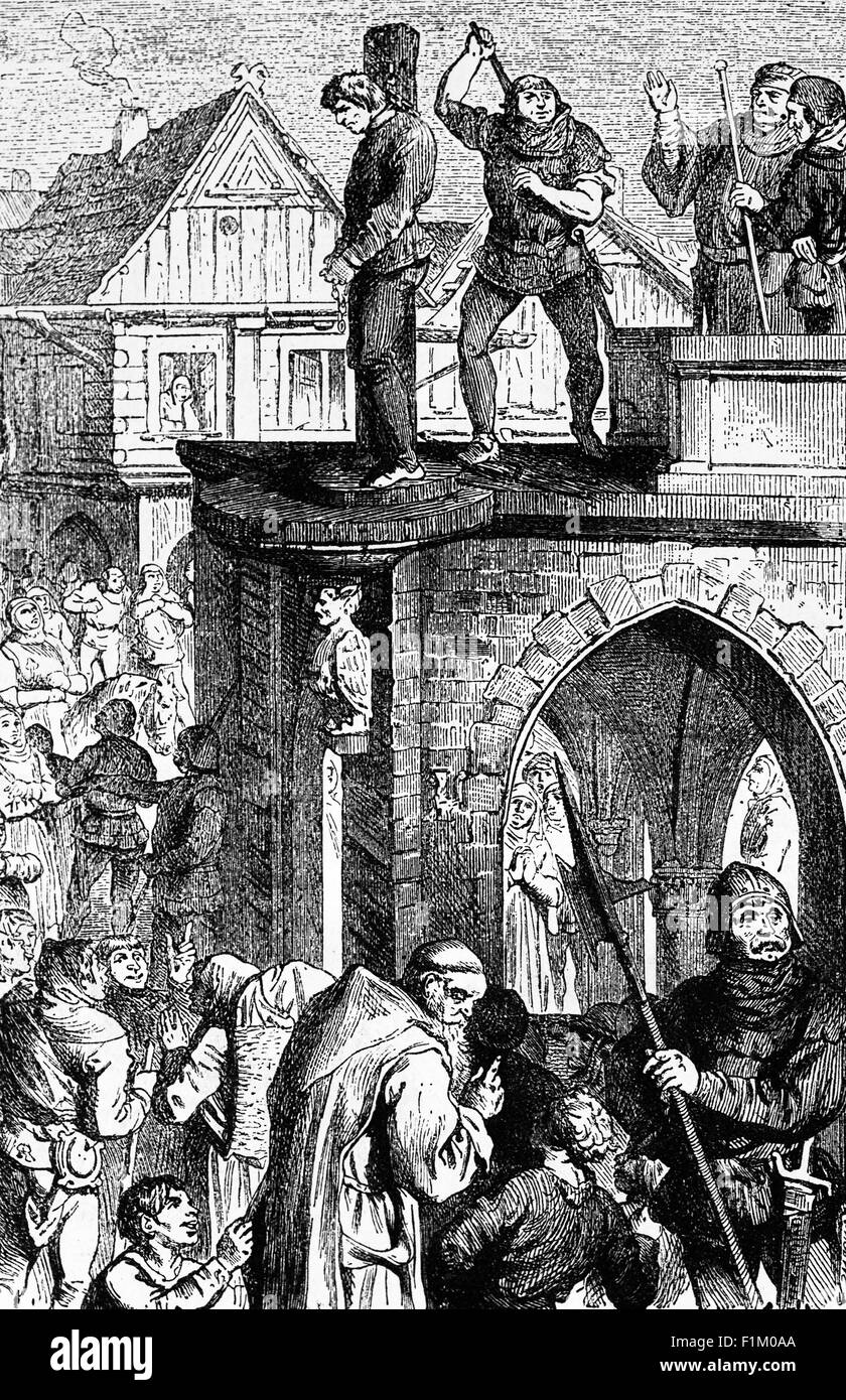 La Gogna - un costume medievale - era un dispositivo costituito da una tavola di legno o intelaiatura metallica eretta su un post, con fori per il fissaggio della testa e mani, utilizzato per la punizione pubblica umiliazione. Foto Stock