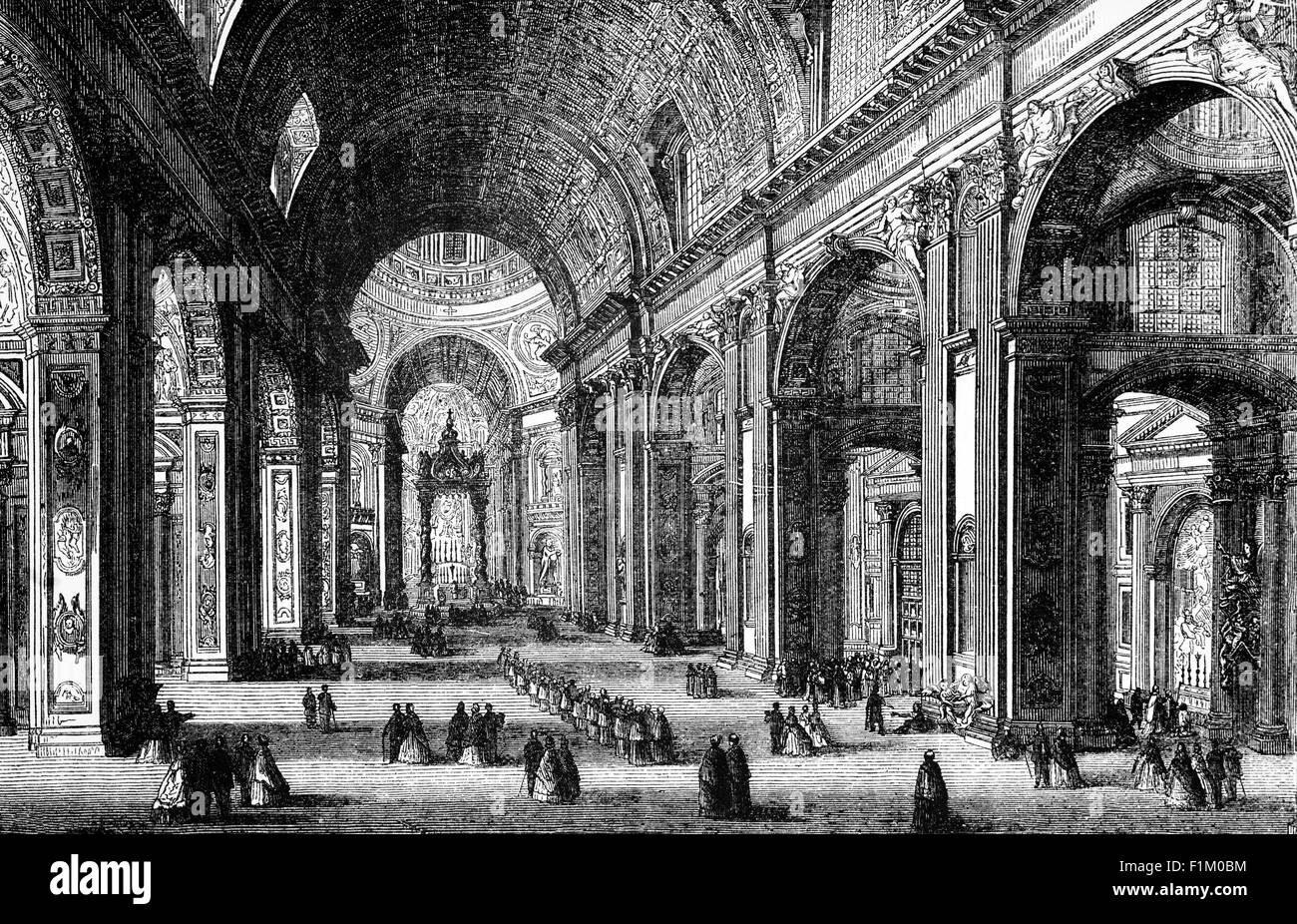 Il vasto interno della Chiesa di San Pietro. La prima basilica, costruita dall'Imperatore Costantino e inaugurata nel 333, durò circa 1,200 anni. La nuova Basilica di San Pietro è stata inaugurata nel 1626 da Papa Urbano VIII e fronteggia Piazza San Pietro, Città del Vaticano, Italia Foto Stock