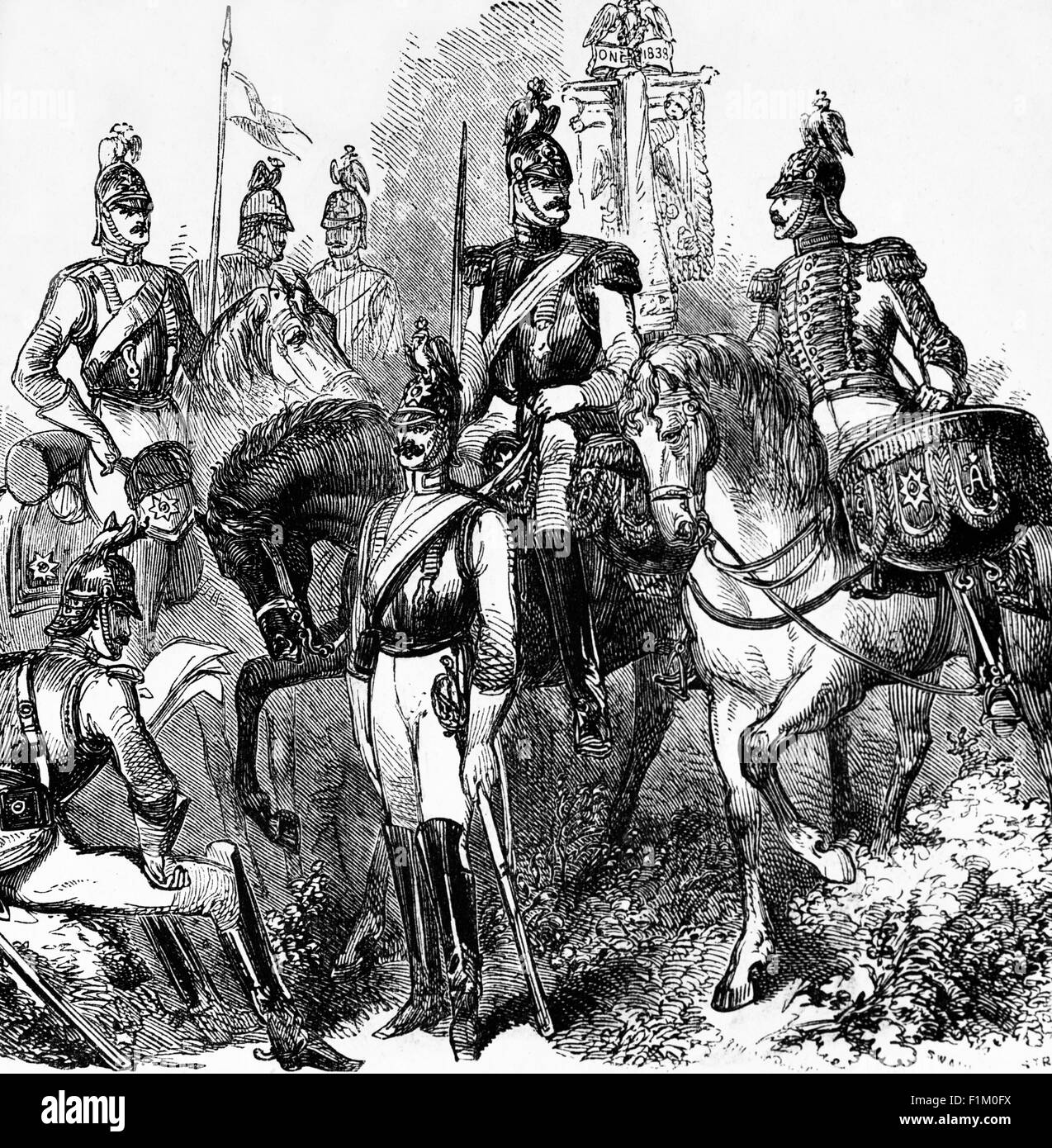 L'élite della Guardia Imperiale Russa in uniforme del 19 ° secolo. Essi erano destinati a garantire la sicurezza del sovrano. Durante il XIX secolo i reggimenti della Guardia Russa Imperiale non erano composti esclusivamente da truppe russe, ma includevano anche unità lituane, finlandesi e ucraine. Foto Stock