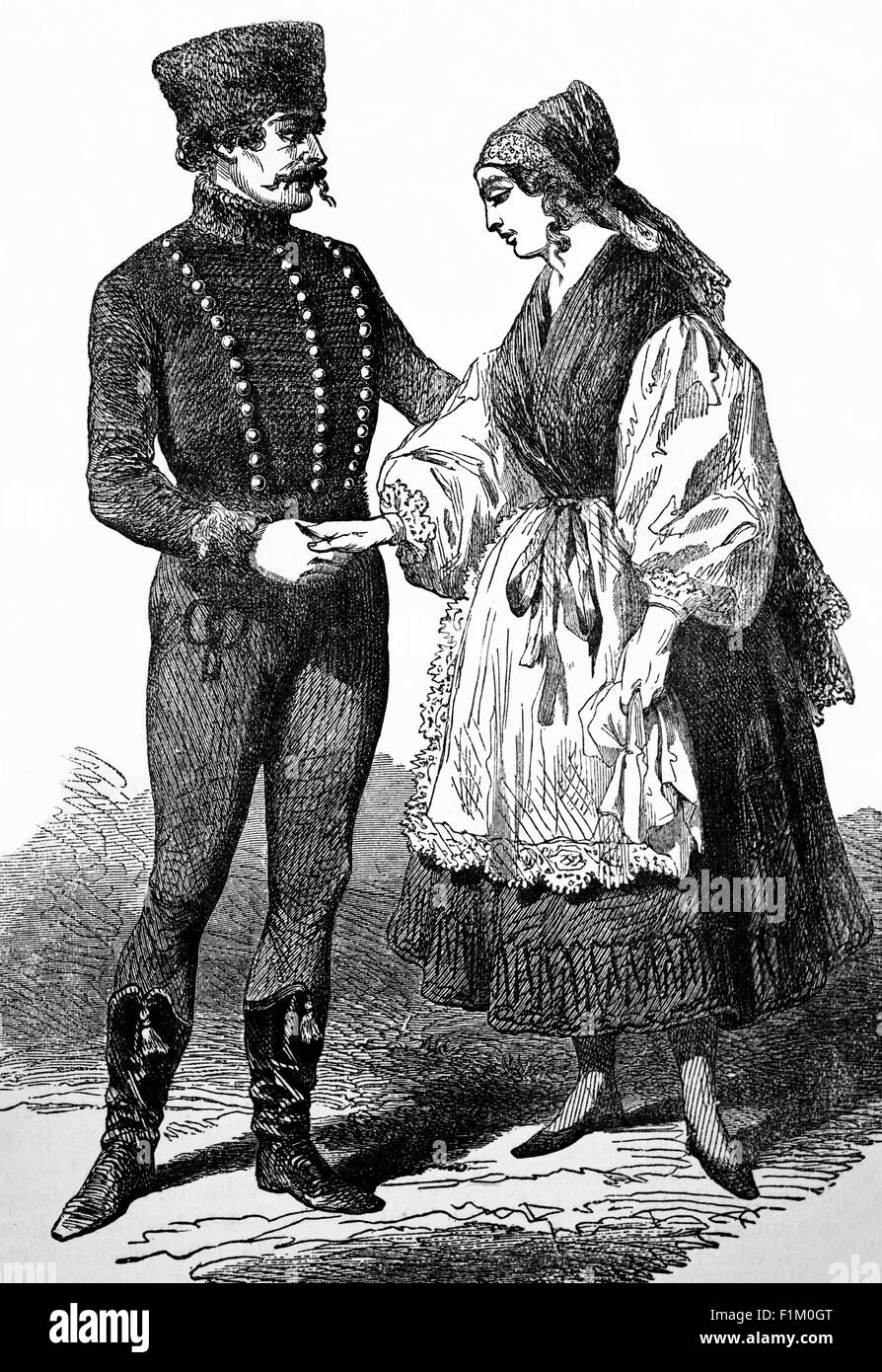 Costumi nazionali del XIX secolo di persone dell'Impero austro-ungarico o della monarchia duale, una monarchia costituzionale e grande potenza in Europa Centrale tra il 1867 e il 1918. Si formò con il compromesso austro-ungarico del 1867 e fu sciolto in seguito alla sua sconfitta nella prima guerra mondiale. Foto Stock